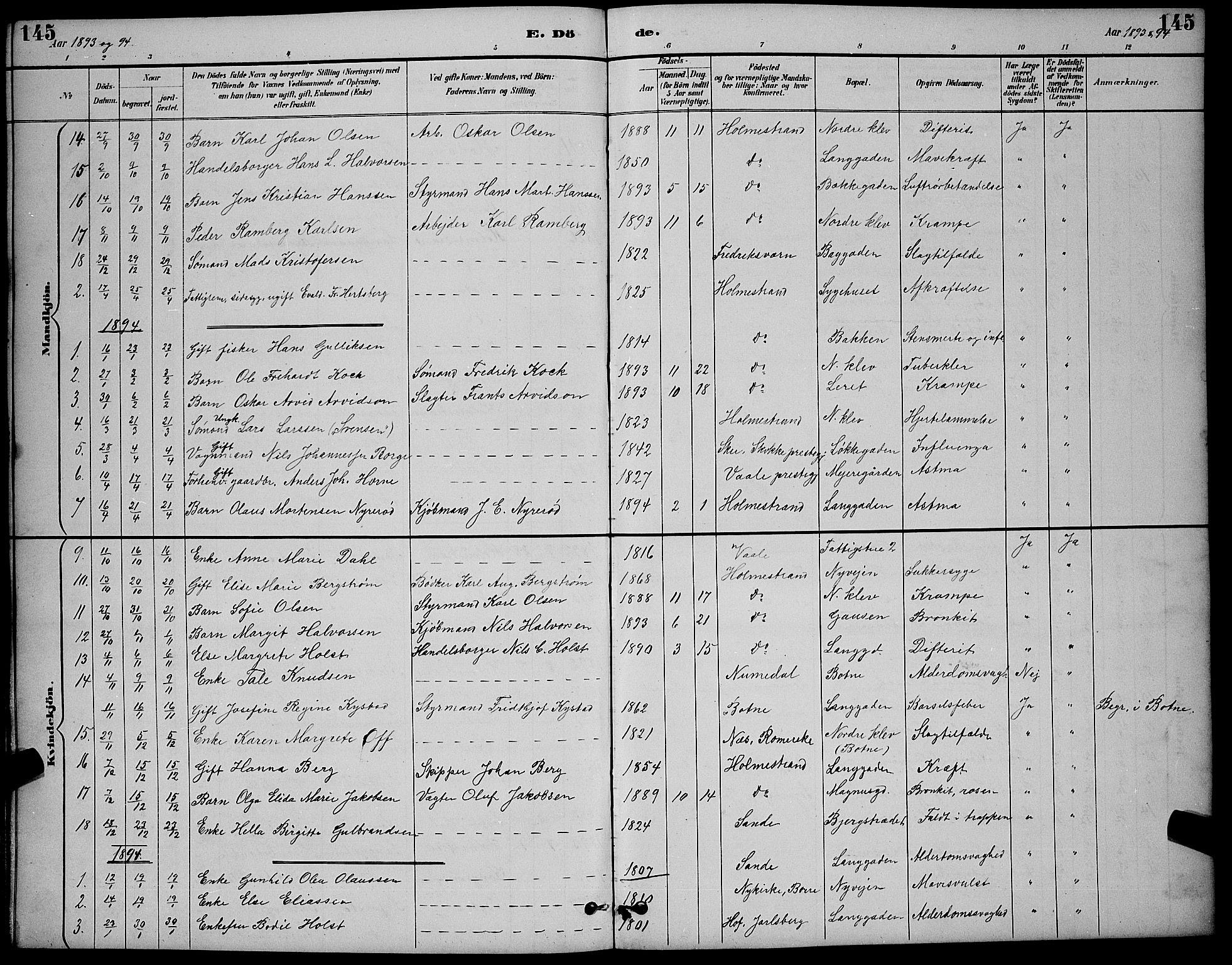 Holmestrand kirkebøker, AV/SAKO-A-346/G/Ga/L0005: Parish register (copy) no. 5, 1889-1901, p. 145