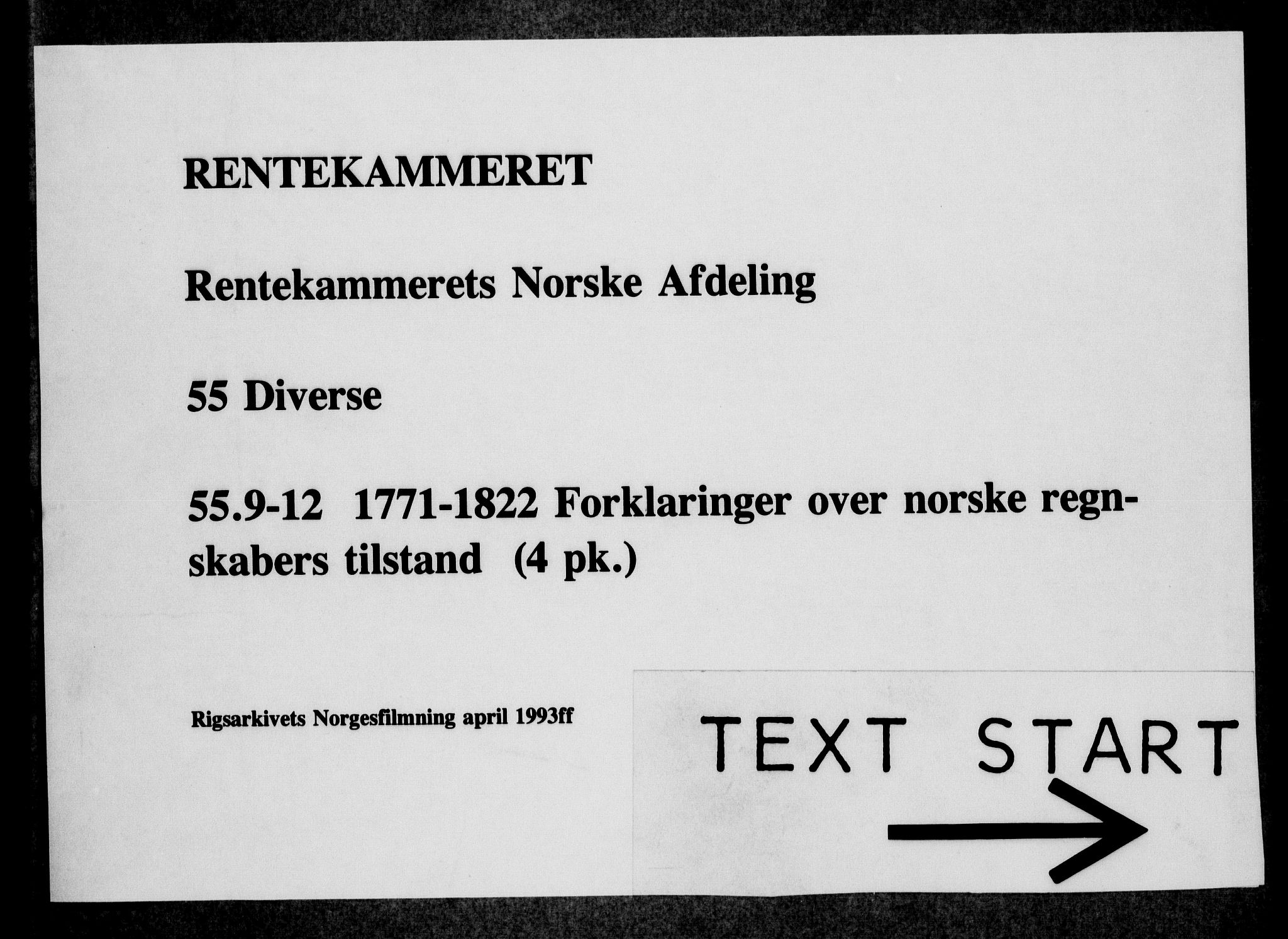 Rentekammeret, Kammerkanselliet, AV/RA-EA-3111/G/Gi/Gia/L0009: Forklaringer over norske regnskapers tilstand (merket 55.11), 1796-1808, p. 1