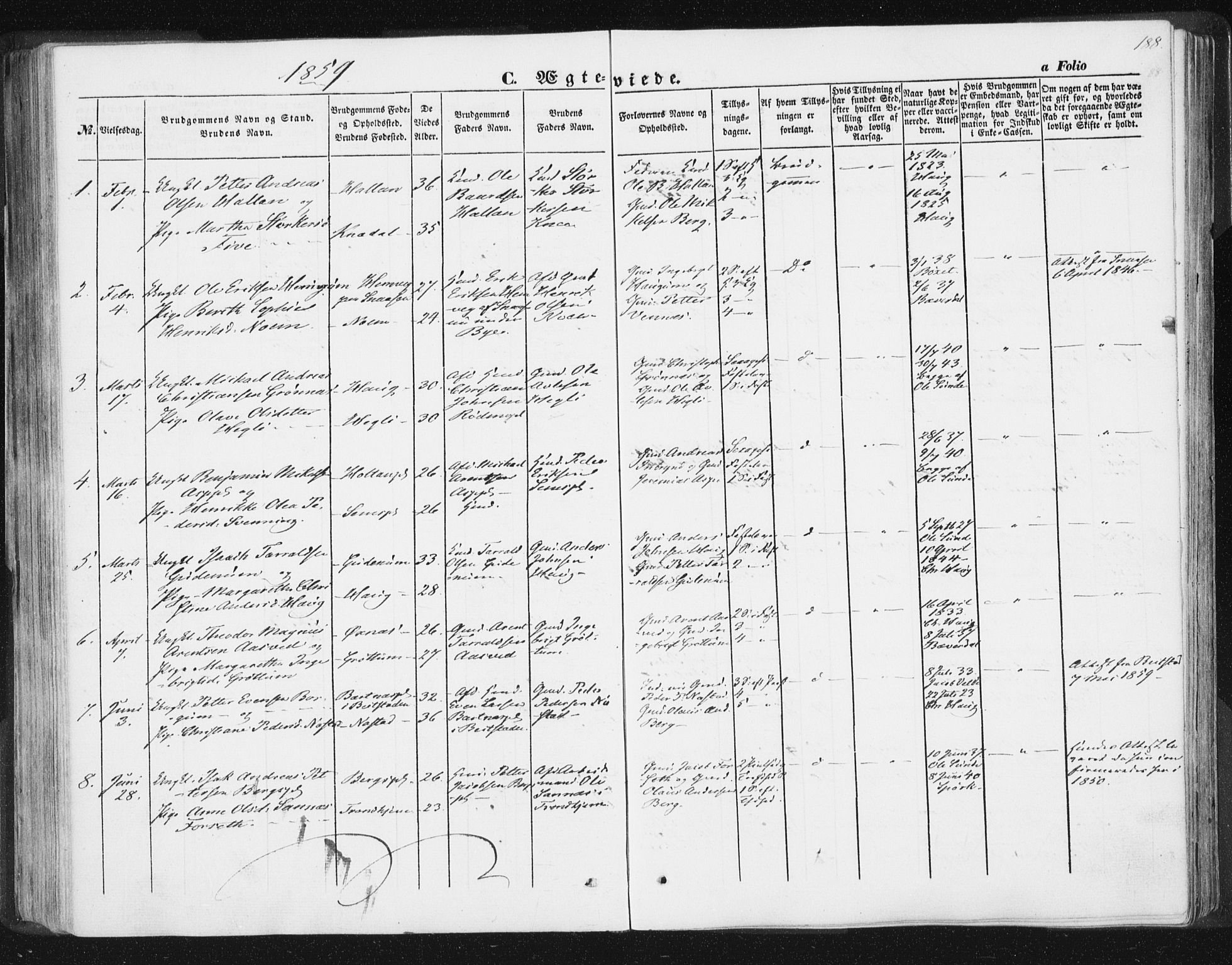 Ministerialprotokoller, klokkerbøker og fødselsregistre - Nord-Trøndelag, AV/SAT-A-1458/746/L0446: Parish register (official) no. 746A05, 1846-1859, p. 188