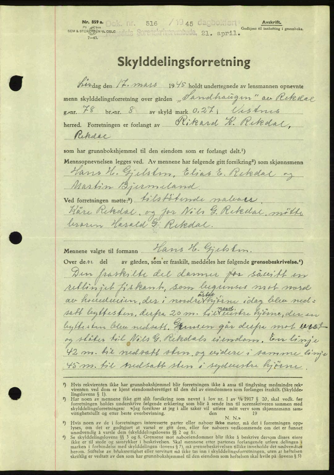 Romsdal sorenskriveri, AV/SAT-A-4149/1/2/2C: Mortgage book no. A17, 1944-1945, Diary no: : 516/1945