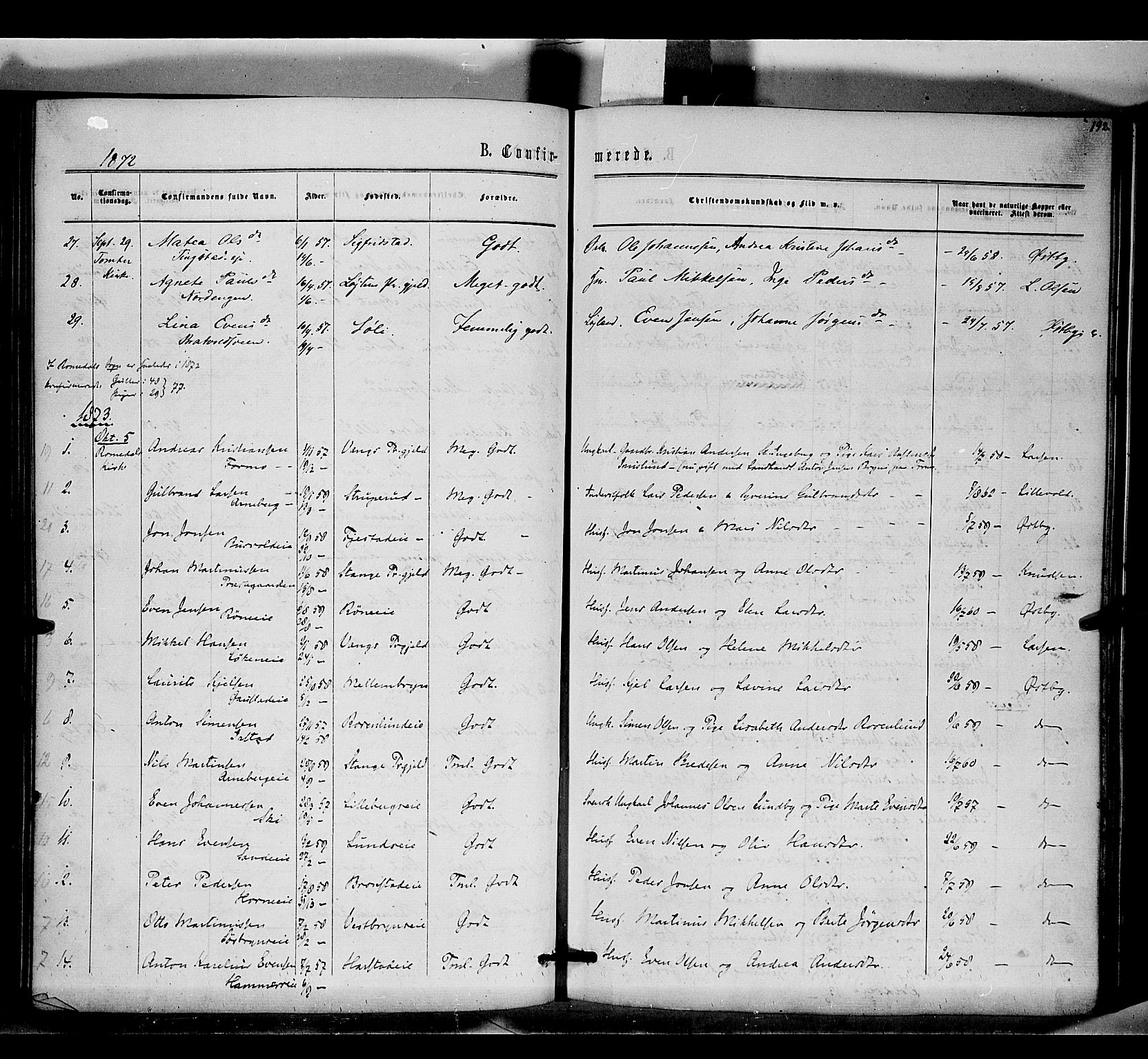 Romedal prestekontor, AV/SAH-PREST-004/K/L0005: Parish register (official) no. 5, 1862-1874, p. 192