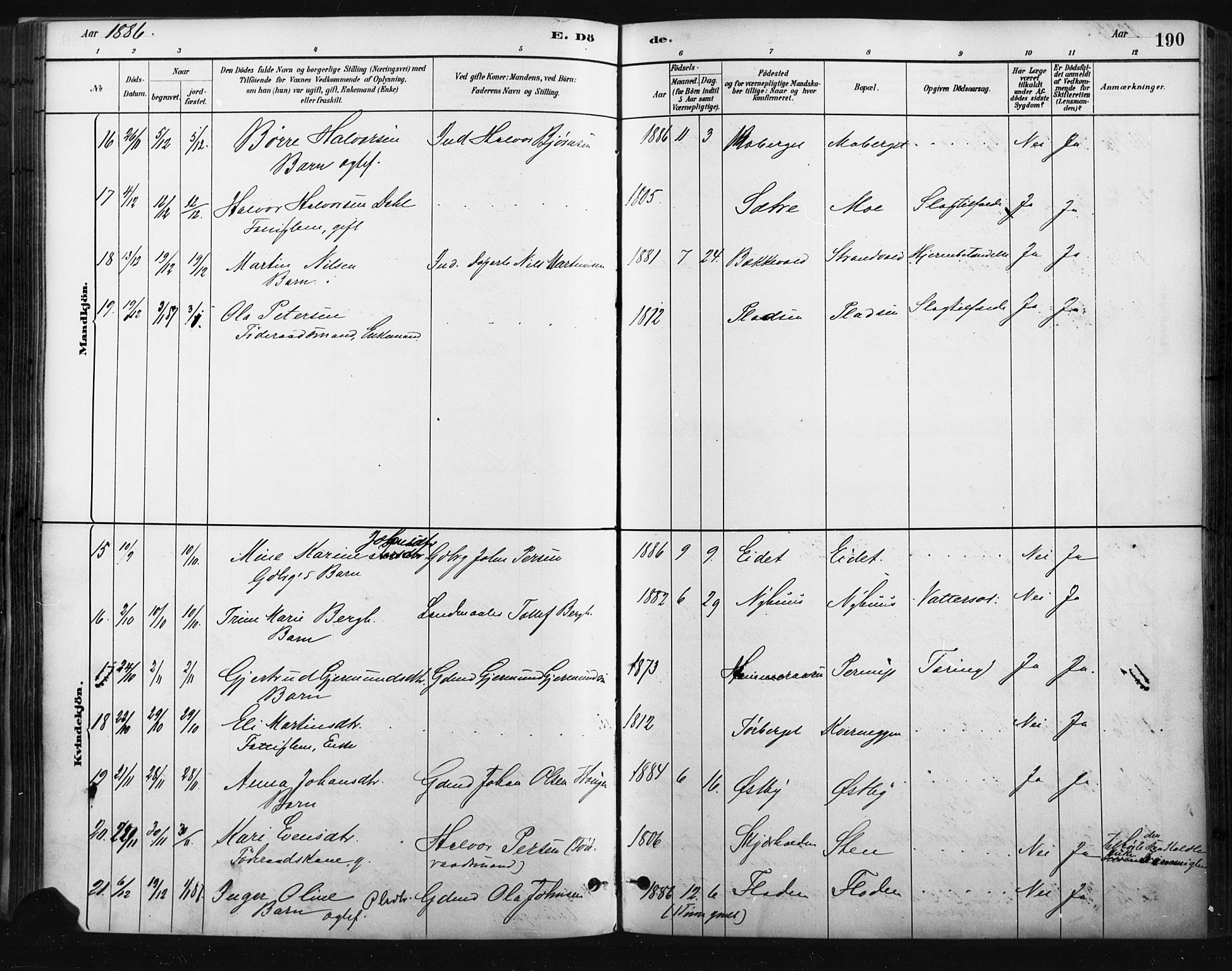 Trysil prestekontor, AV/SAH-PREST-046/H/Ha/Haa/L0009: Parish register (official) no. 9, 1881-1897, p. 190