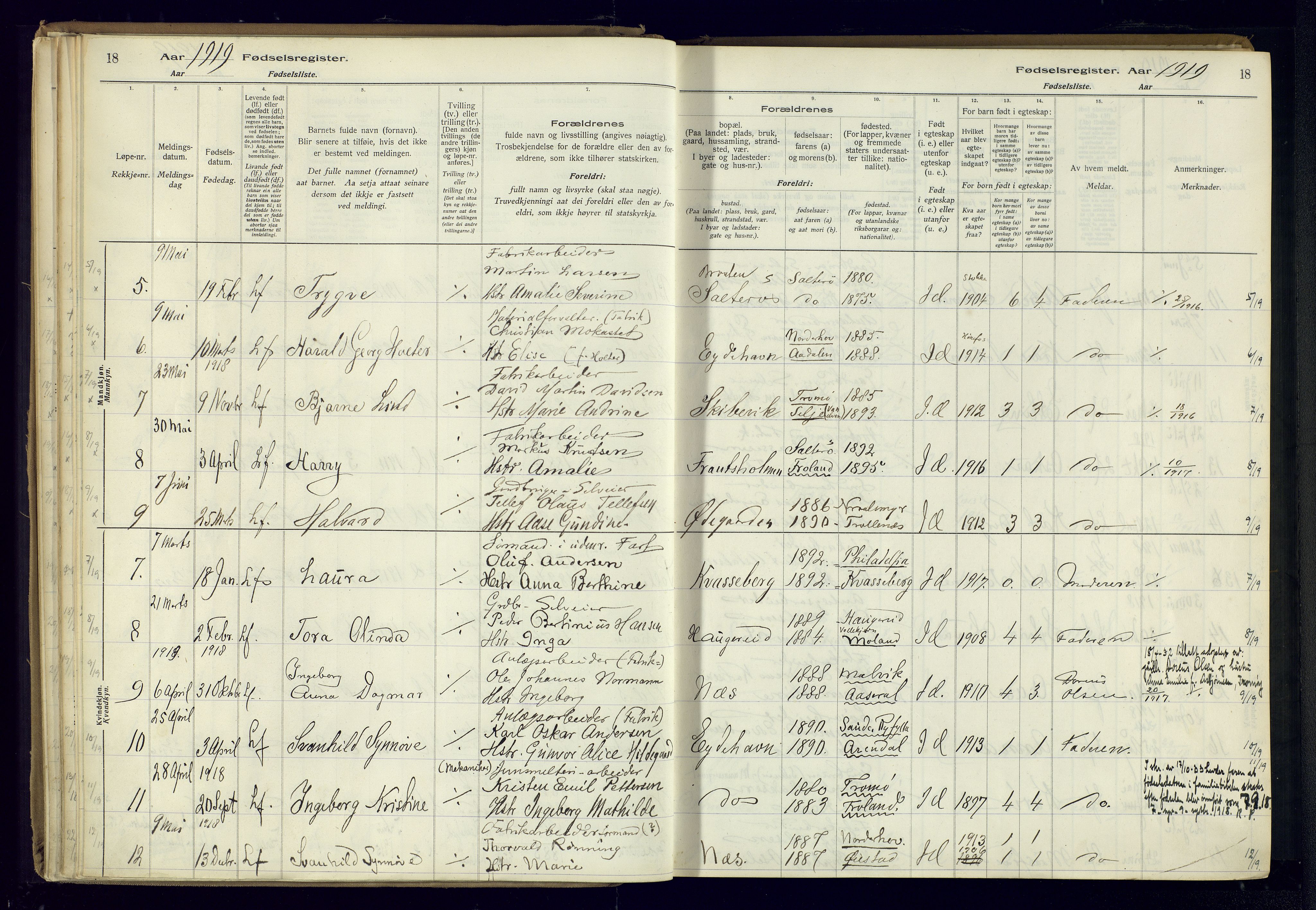 Austre Moland sokneprestkontor, SAK/1111-0001/J/Ja/L0003: Birth register no. A-VI-27, 1916-1950, p. 18