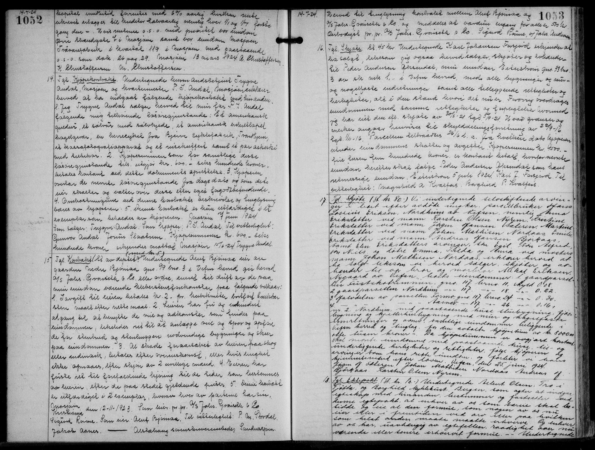 Søndre Helgeland sorenskriveri, SAT/A-4575/1/2/2C/L0022: Mortgage book no. 33, 1921-1925, p. 1052-1053, Deed date: 14.07.1924