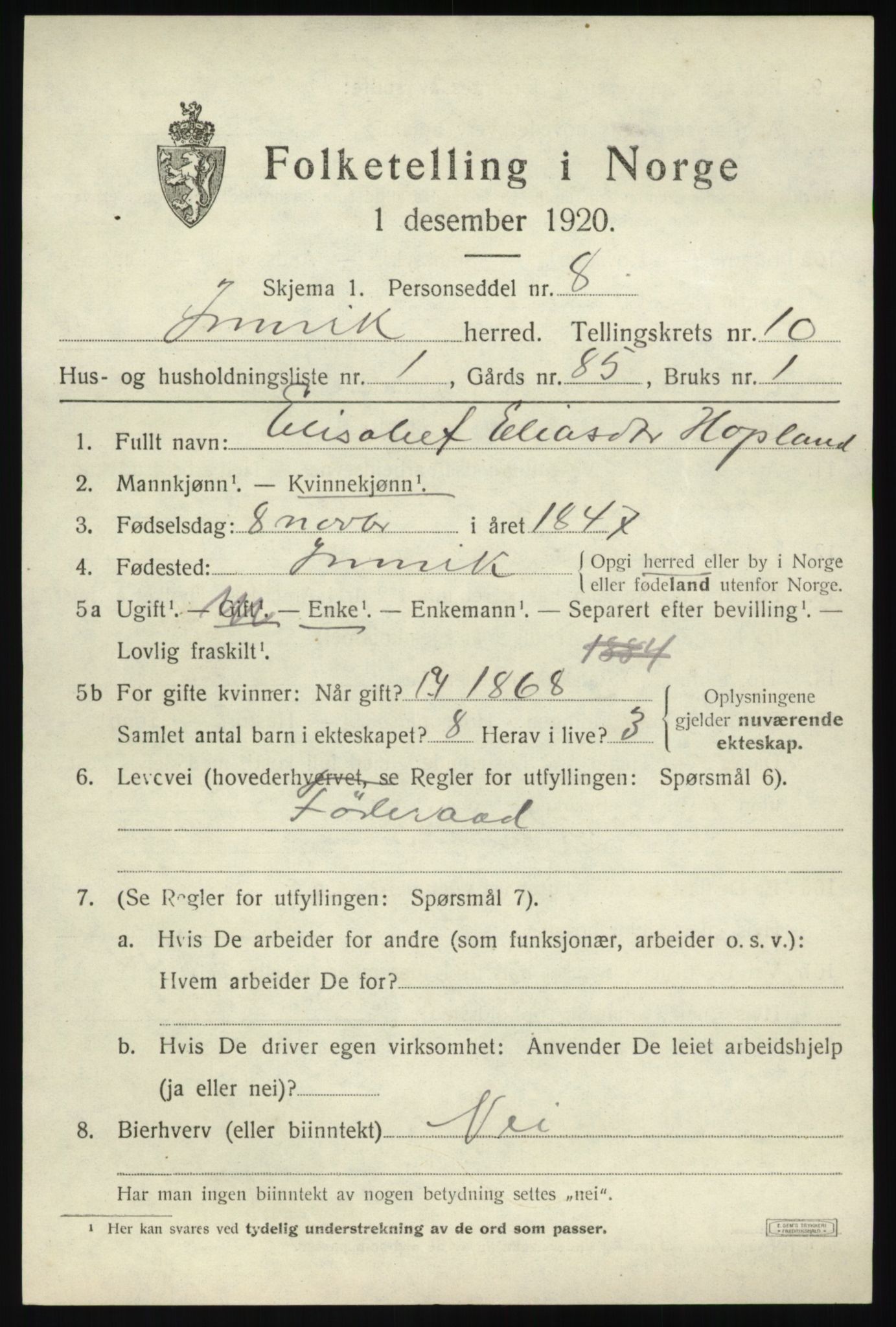 SAB, 1920 census for Innvik, 1920, p. 4117