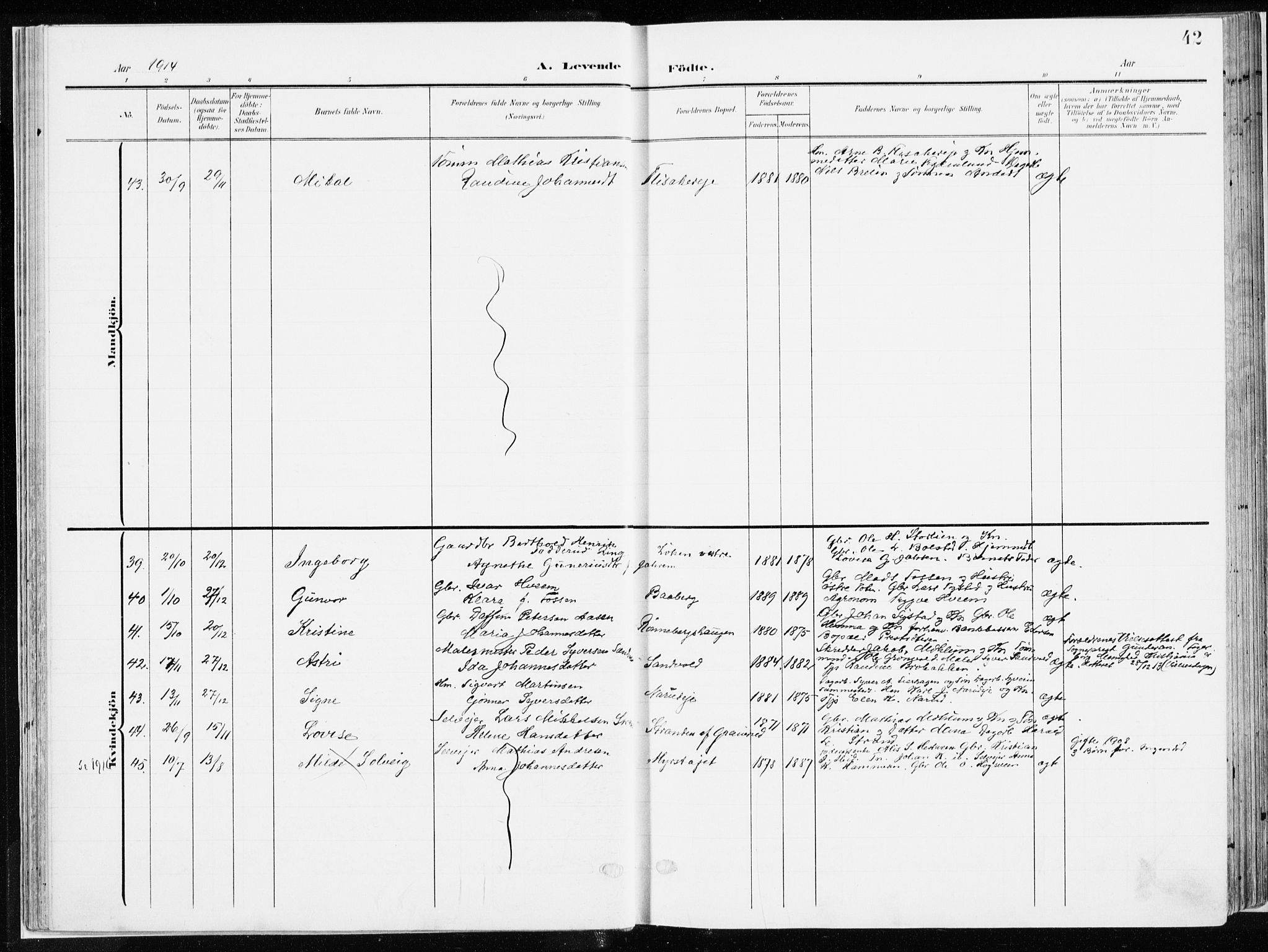 Ringsaker prestekontor, AV/SAH-PREST-014/K/Ka/L0019: Parish register (official) no. 19, 1905-1920, p. 42