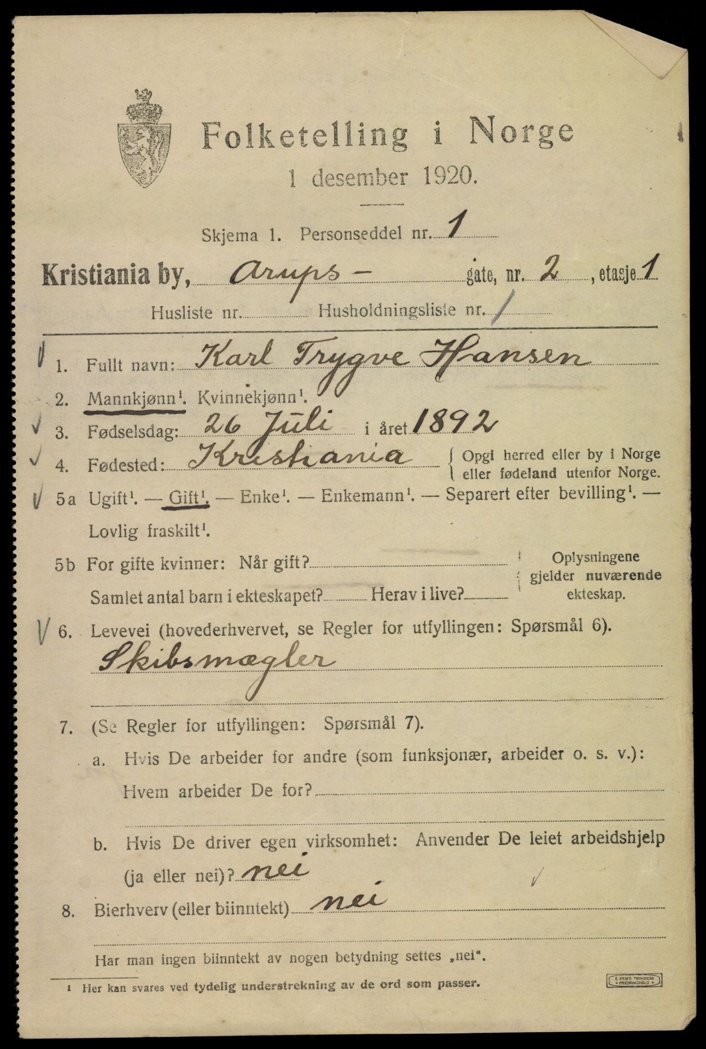 SAO, 1920 census for Kristiania, 1920, p. 145377