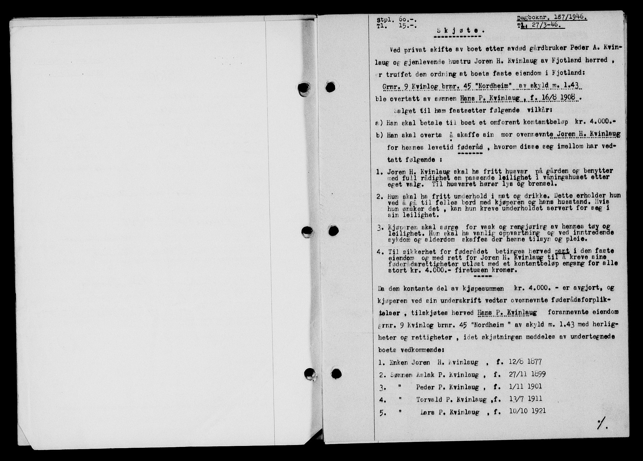 Flekkefjord sorenskriveri, SAK/1221-0001/G/Gb/Gba/L0060: Mortgage book no. A-8, 1945-1946, Diary no: : 187/1946