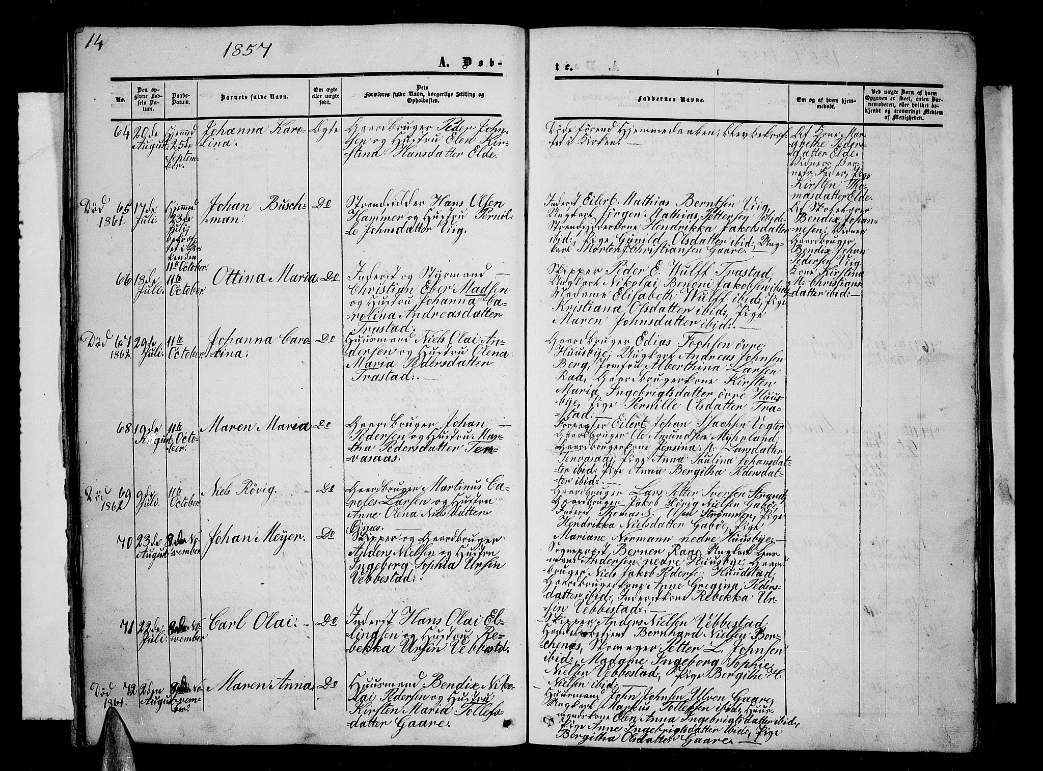Kvæfjord sokneprestkontor, AV/SATØ-S-1323/G/Ga/Gab/L0003klokker: Parish register (copy) no. 3, 1856-1870, p. 14