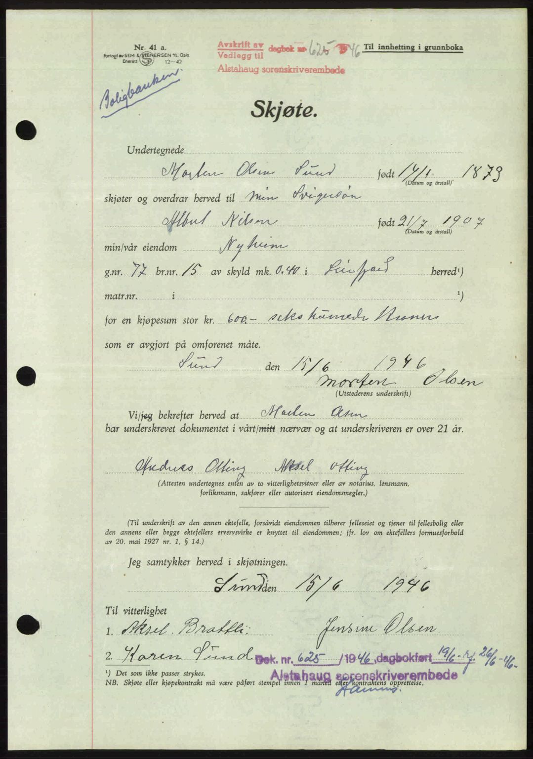 Alstahaug sorenskriveri, AV/SAT-A-1009: Mortgage book no. A2b, 1946-1949, Diary no: : 625/1946
