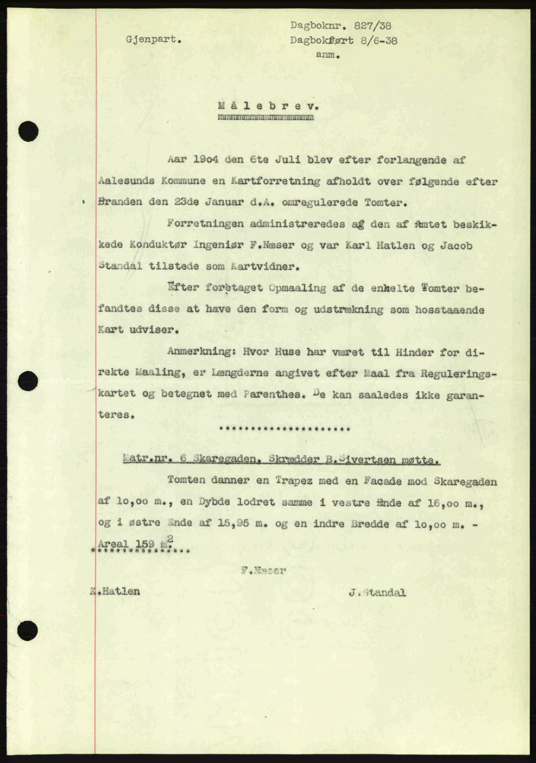 Ålesund byfogd, AV/SAT-A-4384: Mortgage book no. 34 II, 1938-1940, Diary no: : 827/1938