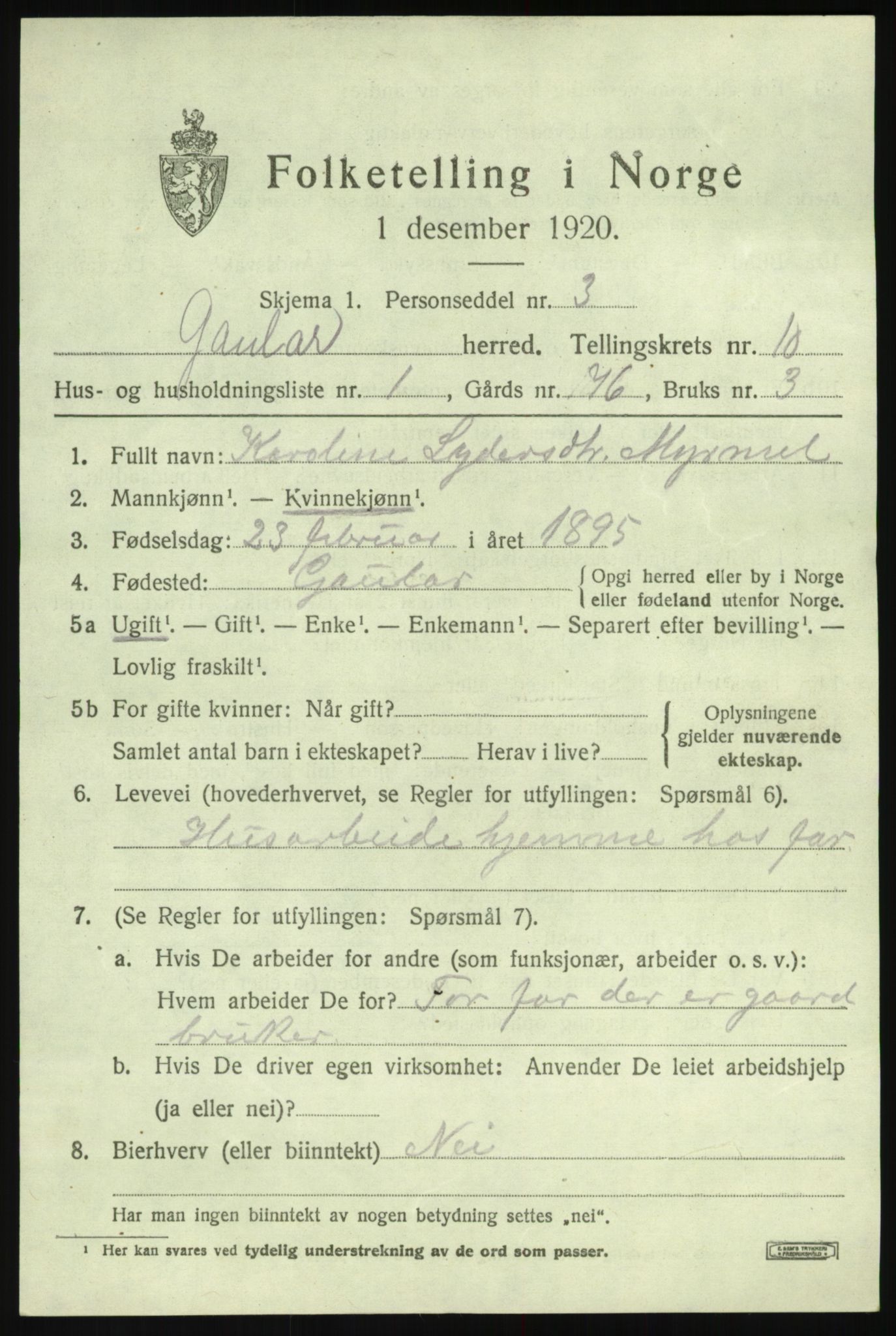 SAB, 1920 census for Gaular, 1920, p. 4780