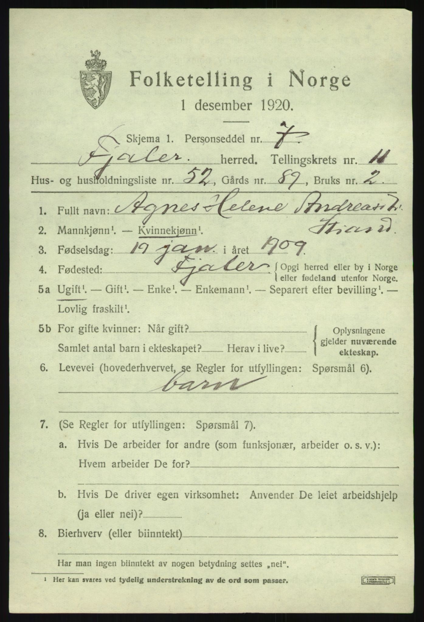 SAB, 1920 census for Fjaler, 1920, p. 6757