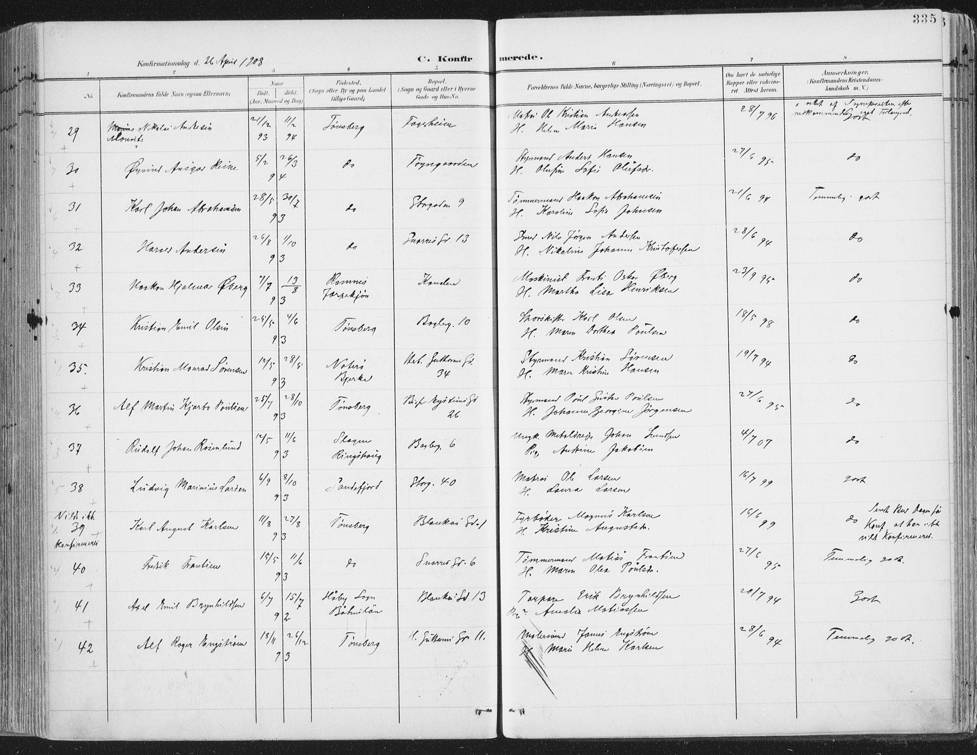 Tønsberg kirkebøker, SAKO/A-330/F/Fa/L0014: Parish register (official) no. I 14, 1900-1913, p. 335