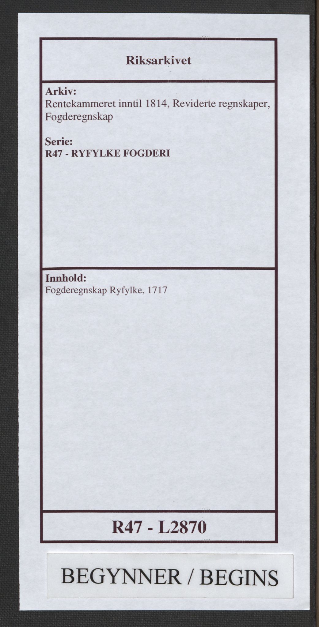 Rentekammeret inntil 1814, Reviderte regnskaper, Fogderegnskap, RA/EA-4092/R47/L2870: Fogderegnskap Ryfylke, 1717, p. 1