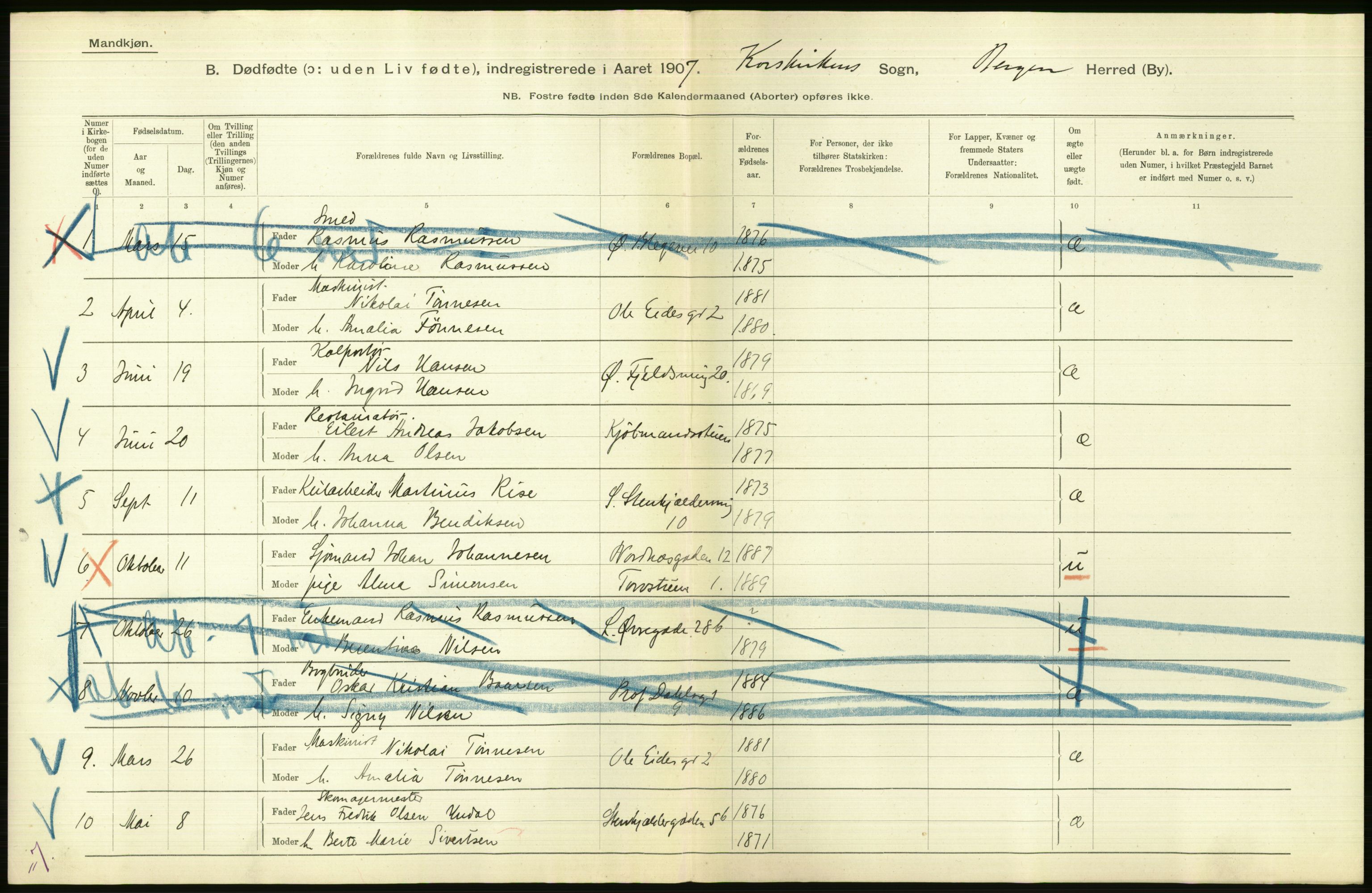 Statistisk sentralbyrå, Sosiodemografiske emner, Befolkning, RA/S-2228/D/Df/Dfa/Dfae/L0031: Bergen: gifte, døde, dødfødte., 1907, p. 426