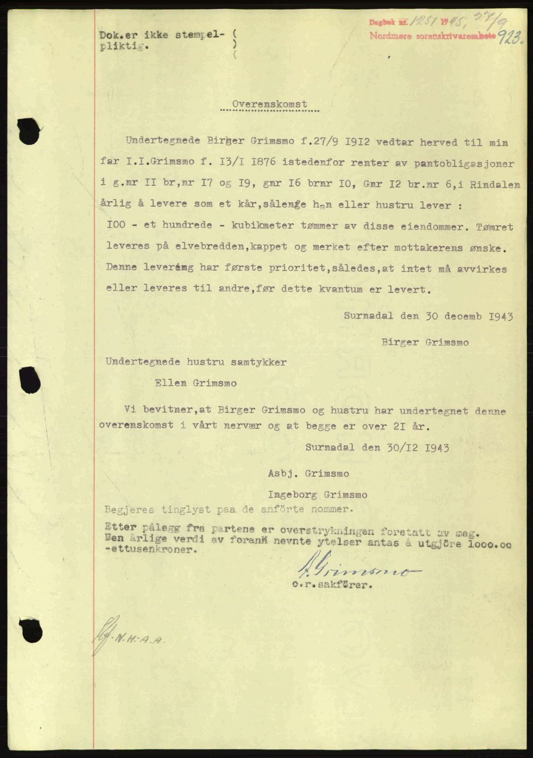 Nordmøre sorenskriveri, AV/SAT-A-4132/1/2/2Ca: Mortgage book no. B92, 1944-1945, Diary no: : 1251/1945