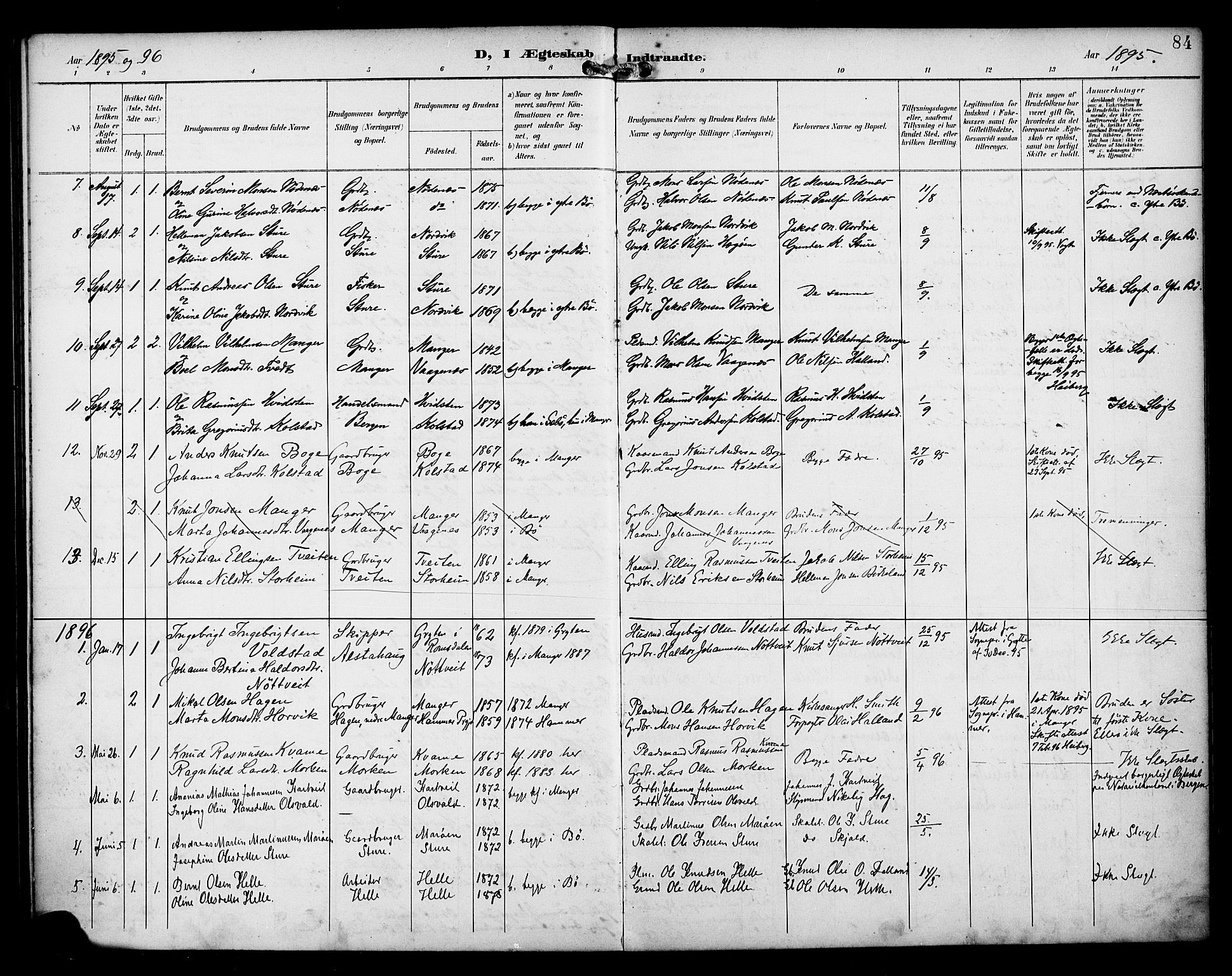 Manger sokneprestembete, SAB/A-76801/H/Haa: Parish register (official) no. B 2, 1893-1906, p. 84