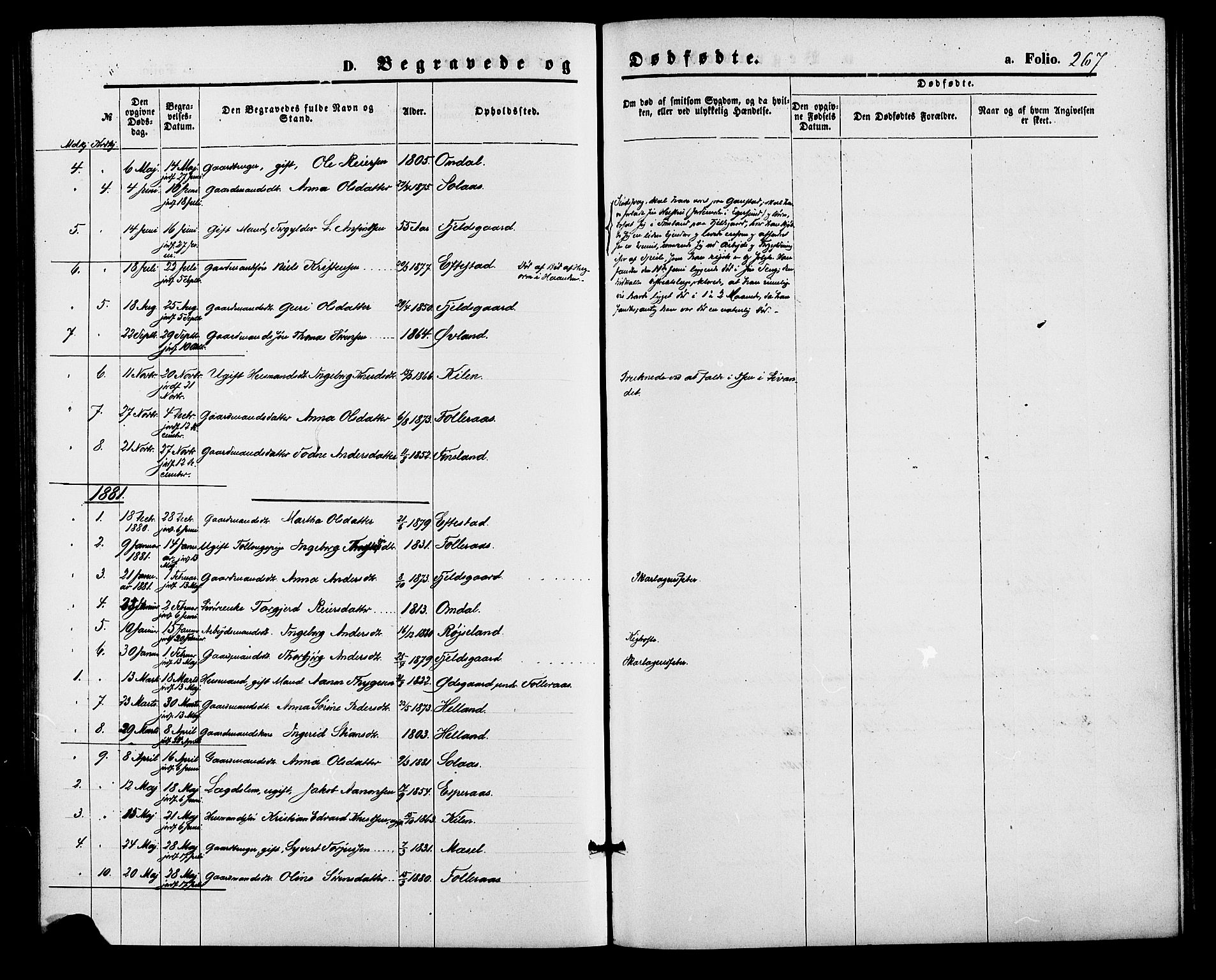 Bjelland sokneprestkontor, SAK/1111-0005/F/Fa/Fab/L0003: Parish register (official) no. A 3, 1870-1887, p. 267