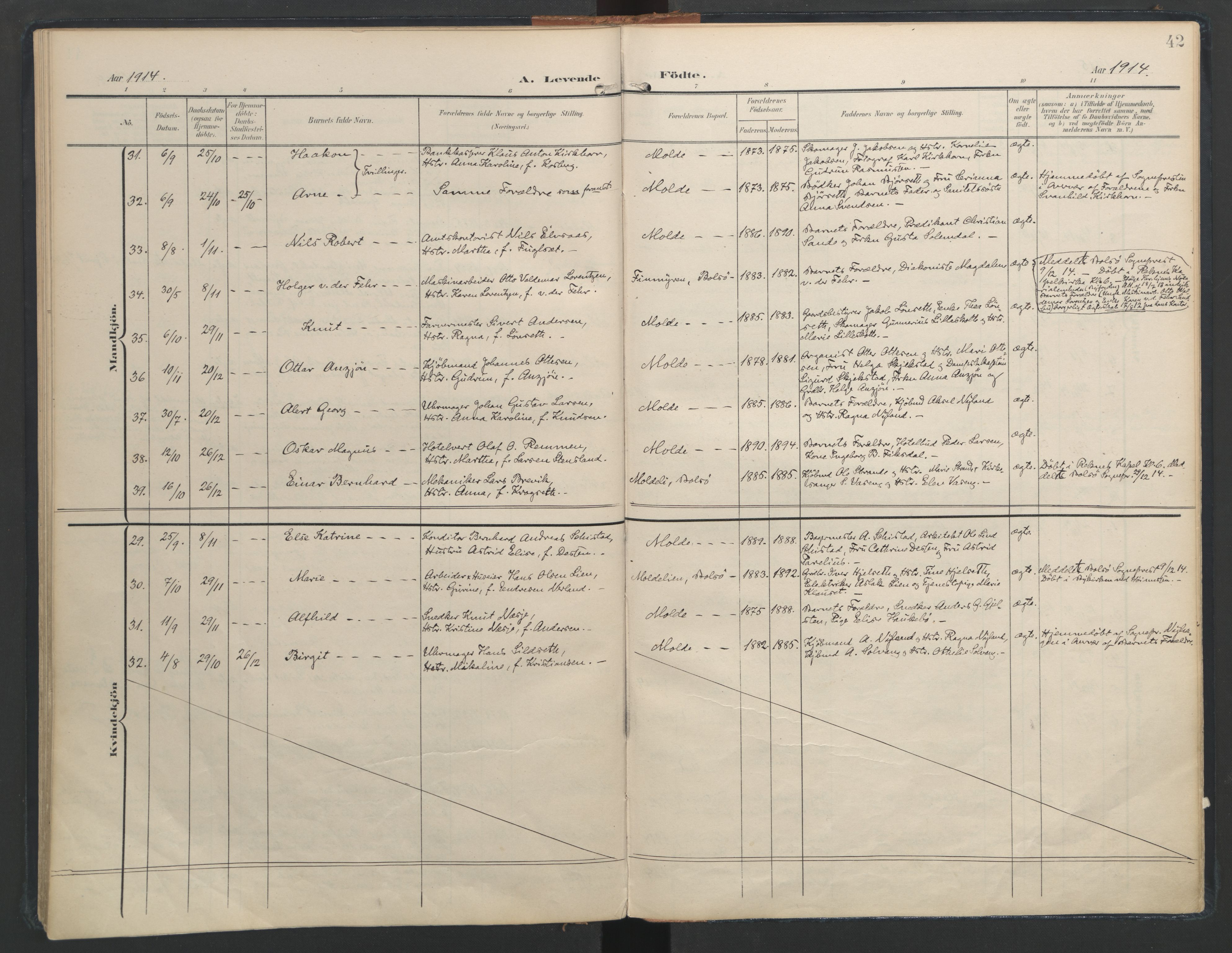 Ministerialprotokoller, klokkerbøker og fødselsregistre - Møre og Romsdal, SAT/A-1454/558/L0693: Parish register (official) no. 558A07, 1903-1917, p. 42