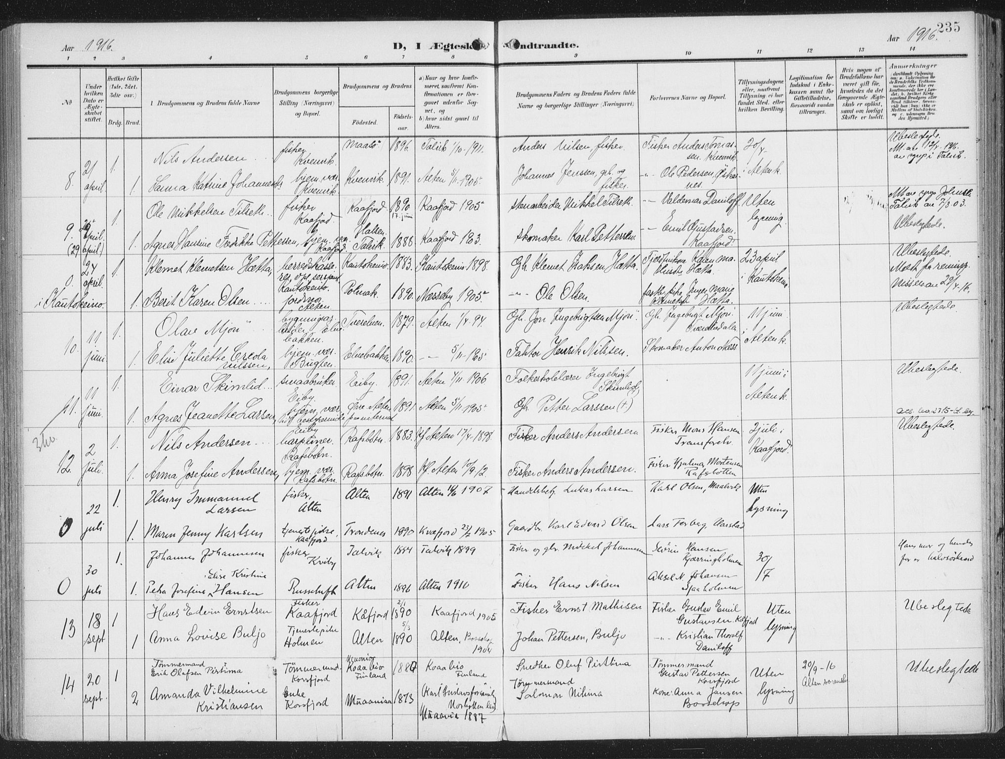 Alta sokneprestkontor, SATØ/S-1338/H/Ha/L0005.kirke: Parish register (official) no. 5, 1904-1918, p. 235