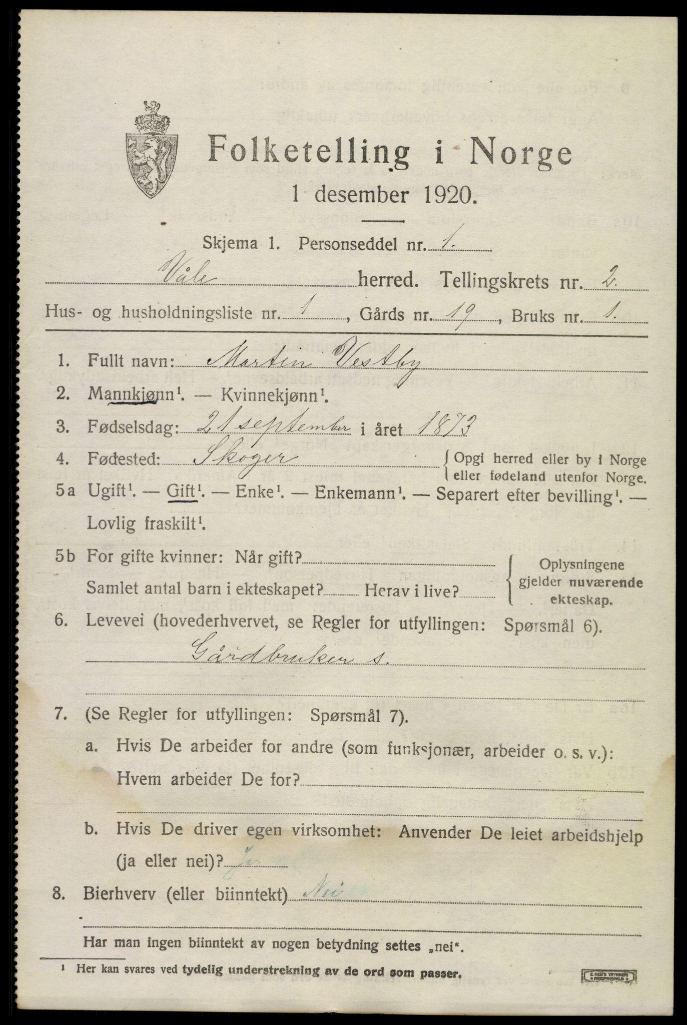 SAKO, 1920 census for Våle, 1920, p. 1898