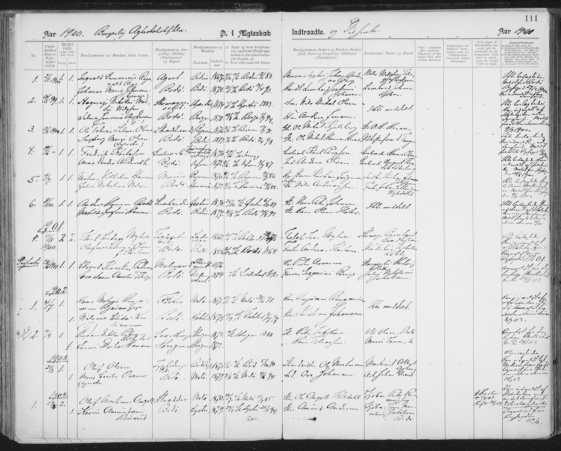 Ministerialprotokoller, klokkerbøker og fødselsregistre - Nordland, AV/SAT-A-1459/801/L0012: Parish register (official) no. 801A12, 1900-1916, p. 111