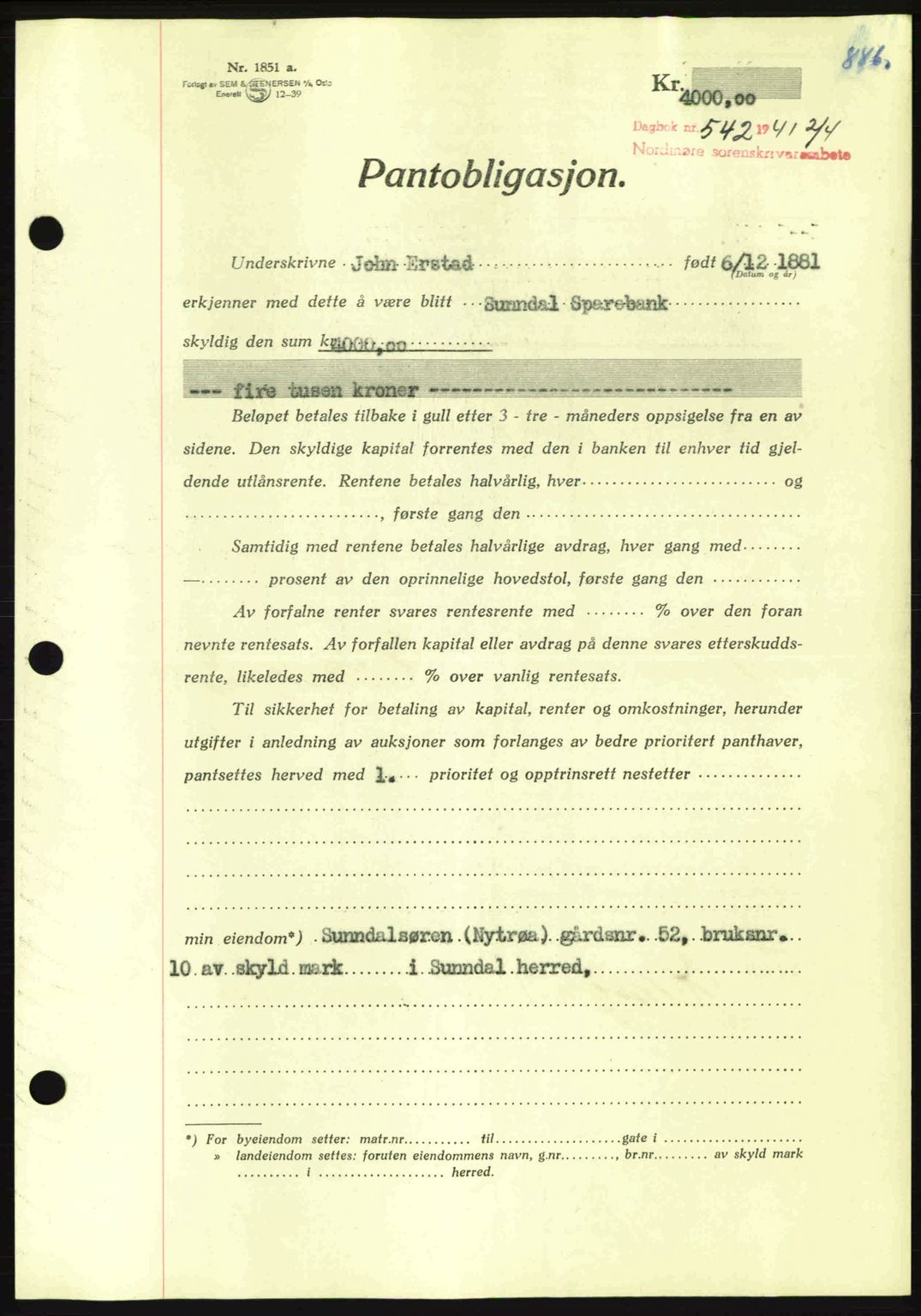 Nordmøre sorenskriveri, AV/SAT-A-4132/1/2/2Ca: Mortgage book no. B87, 1940-1941, Diary no: : 542/1941