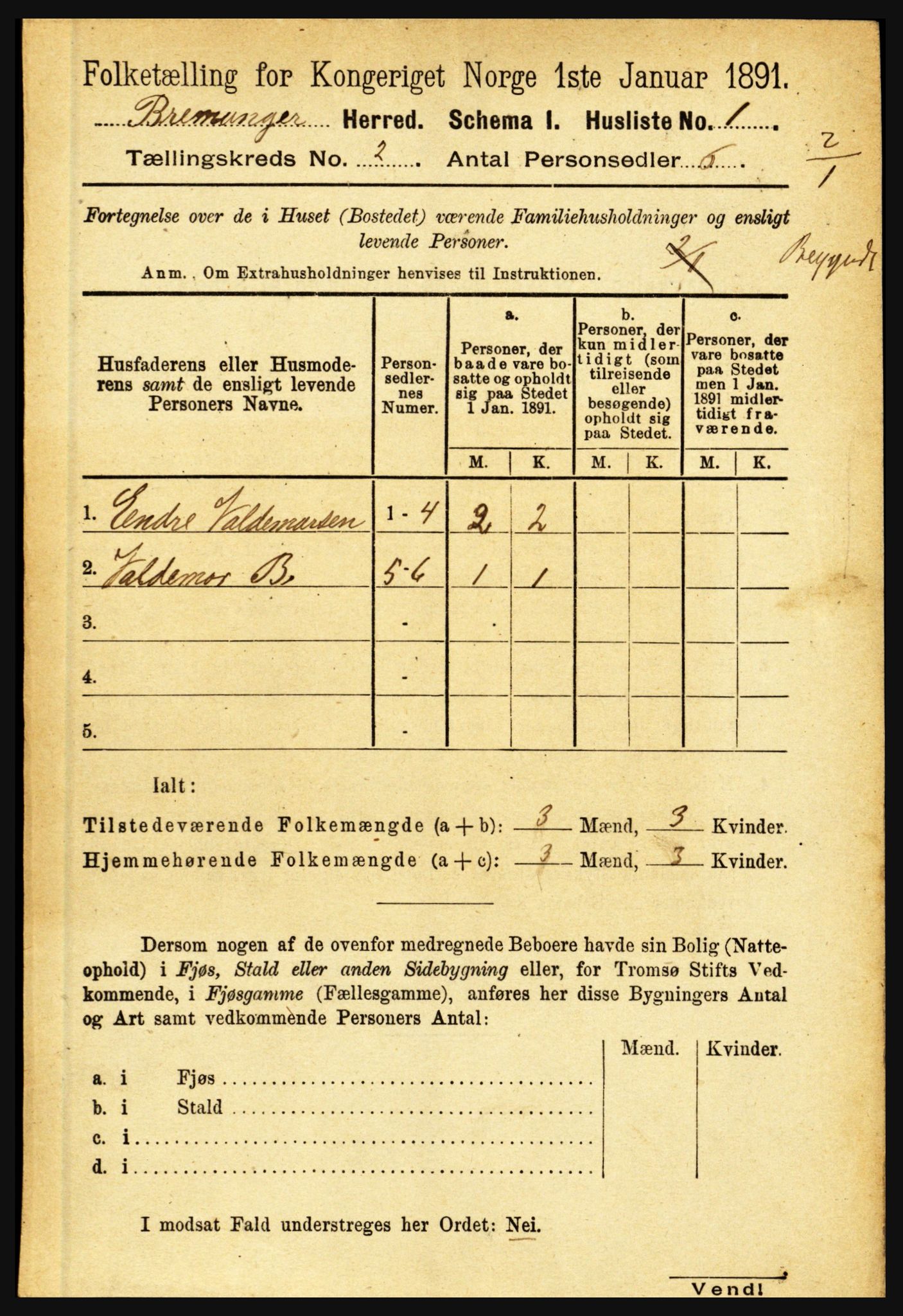 RA, 1891 census for 1438 Bremanger, 1891, p. 612