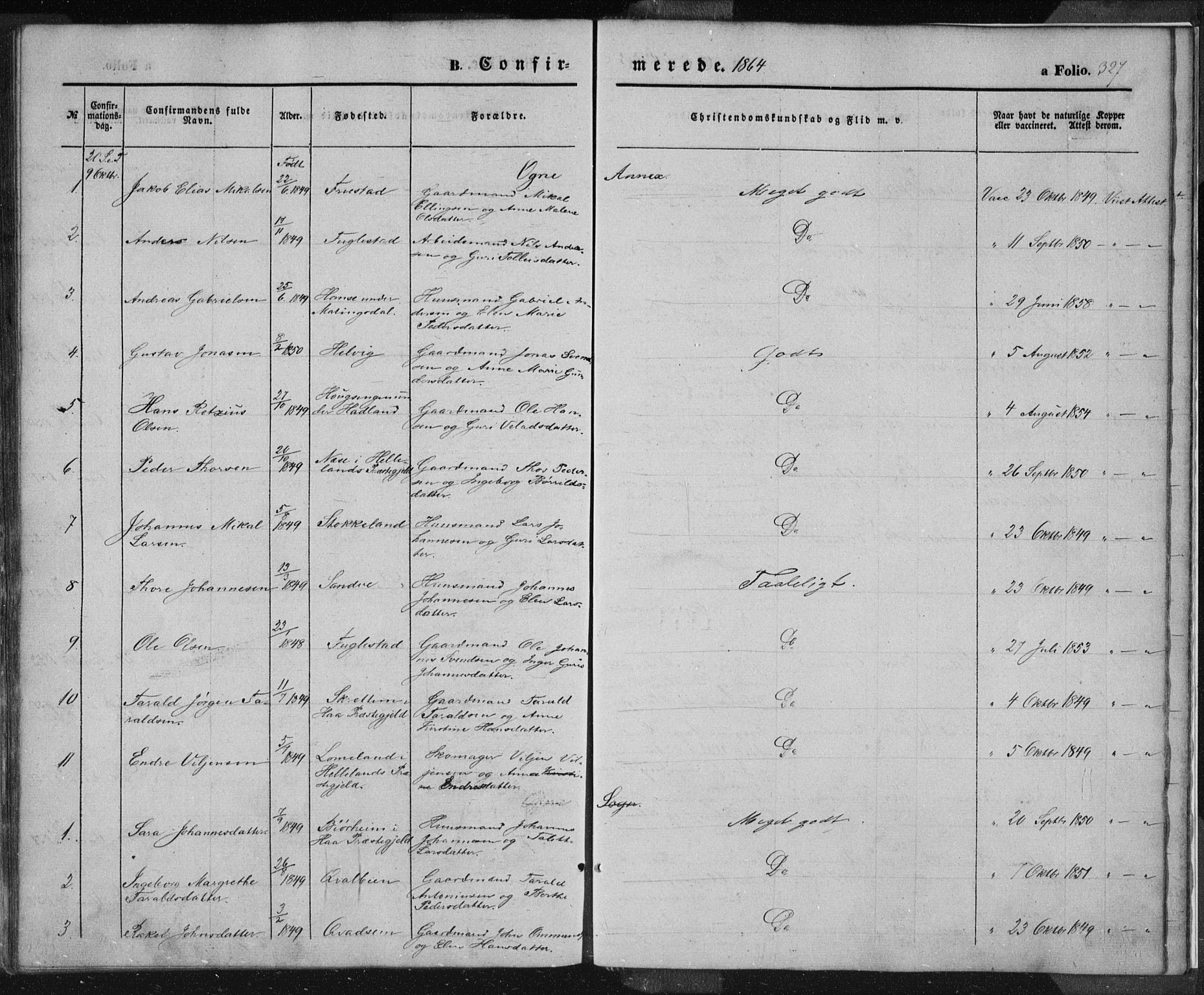 Eigersund sokneprestkontor, SAST/A-101807/S08/L0012: Parish register (official) no. A 12.1, 1850-1865, p. 327