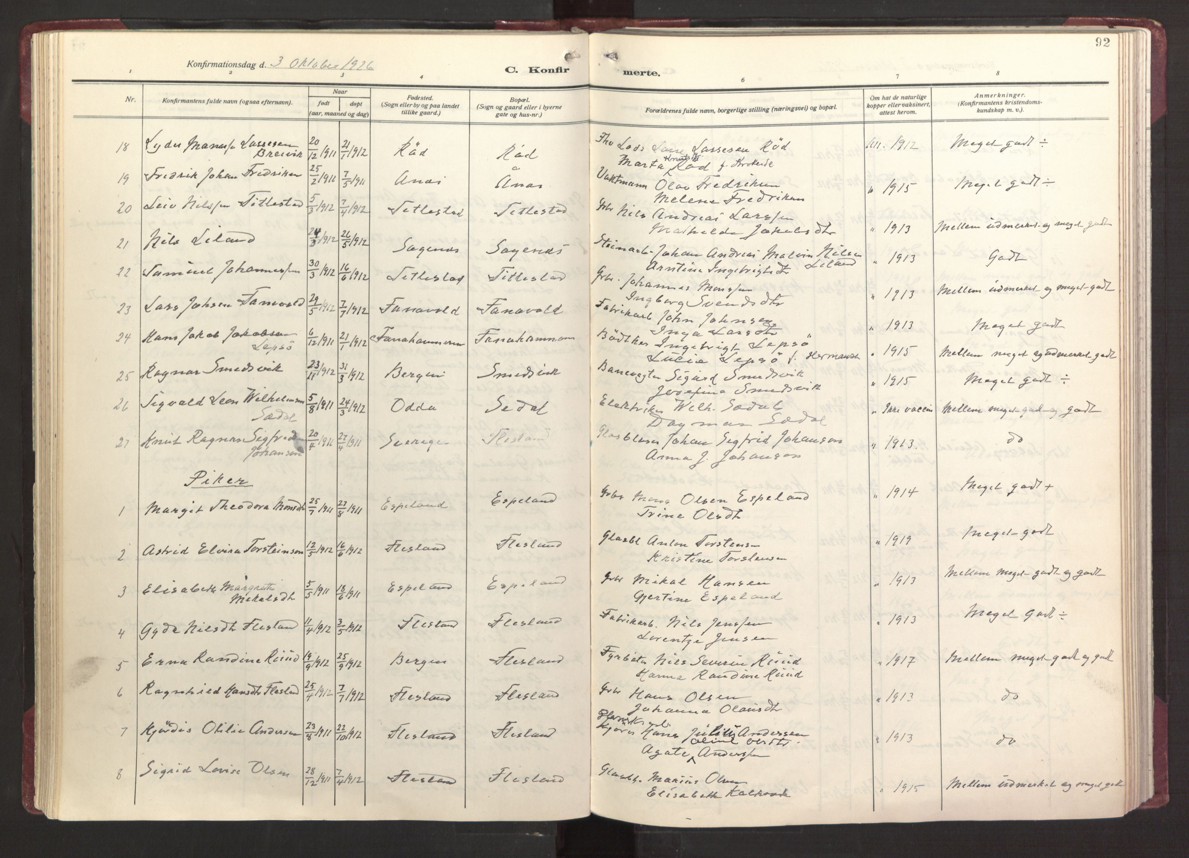 Fana Sokneprestembete, AV/SAB-A-75101/H/Haa/Haab/L0006: Parish register (official) no. B 6, 1923-1967, p. 92