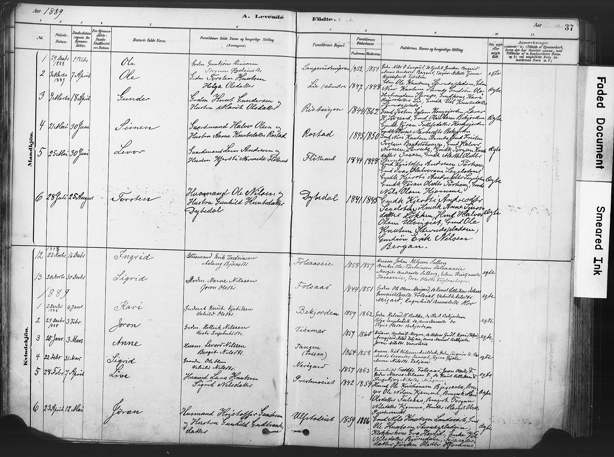 Rollag kirkebøker, SAKO/A-240/F/Fa/L0011: Parish register (official) no. I 11, 1878-1902, p. 37