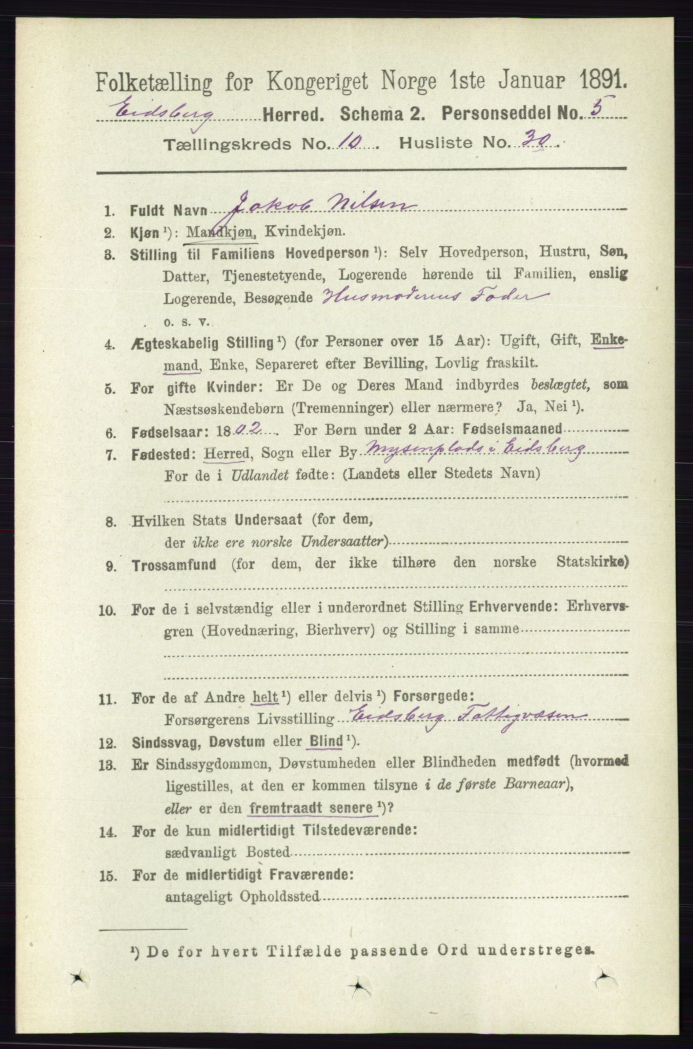 RA, 1891 census for 0125 Eidsberg, 1891, p. 5847