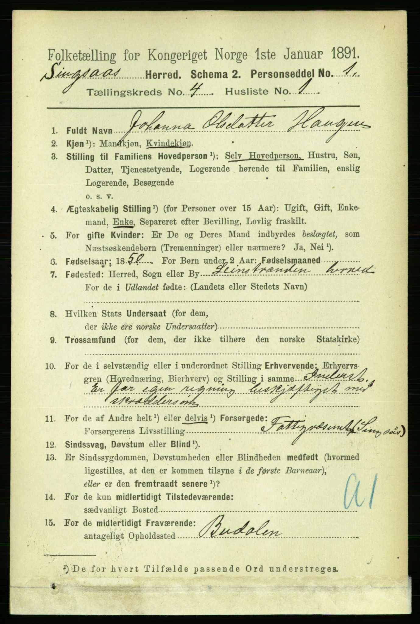 RA, 1891 census for 1646 Singsås, 1891, p. 838