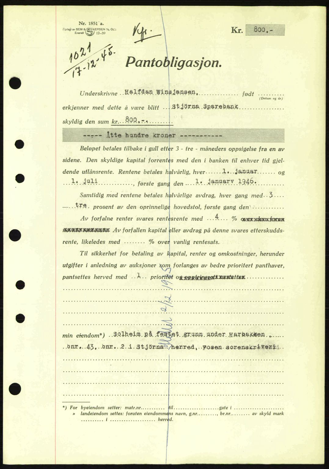 Fosen sorenskriveri, AV/SAT-A-1107/1/2/2C: Mortgage book no. B1, 1943-1945, Diary no: : 1021/1945
