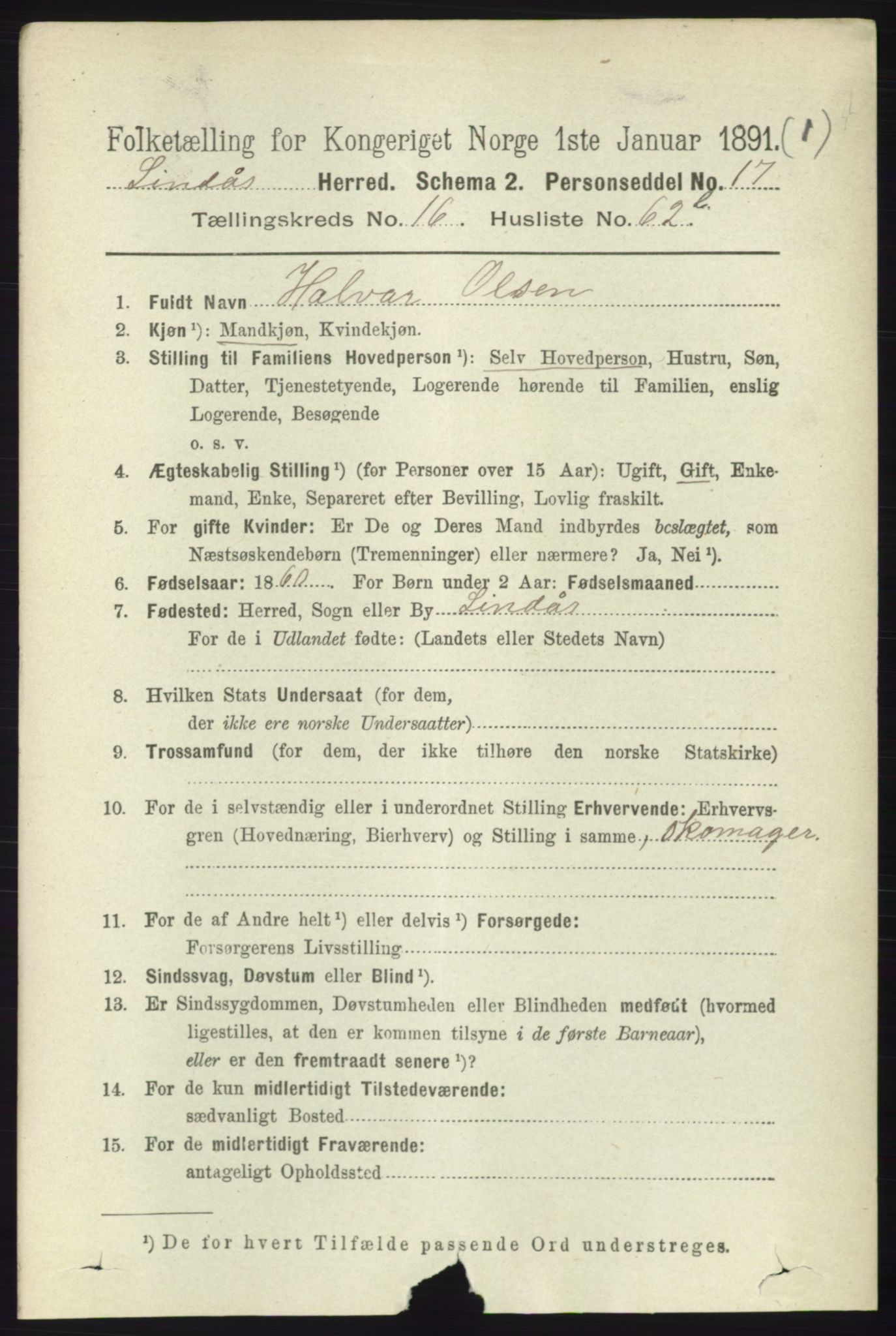 RA, 1891 census for 1263 Lindås, 1891, p. 6077