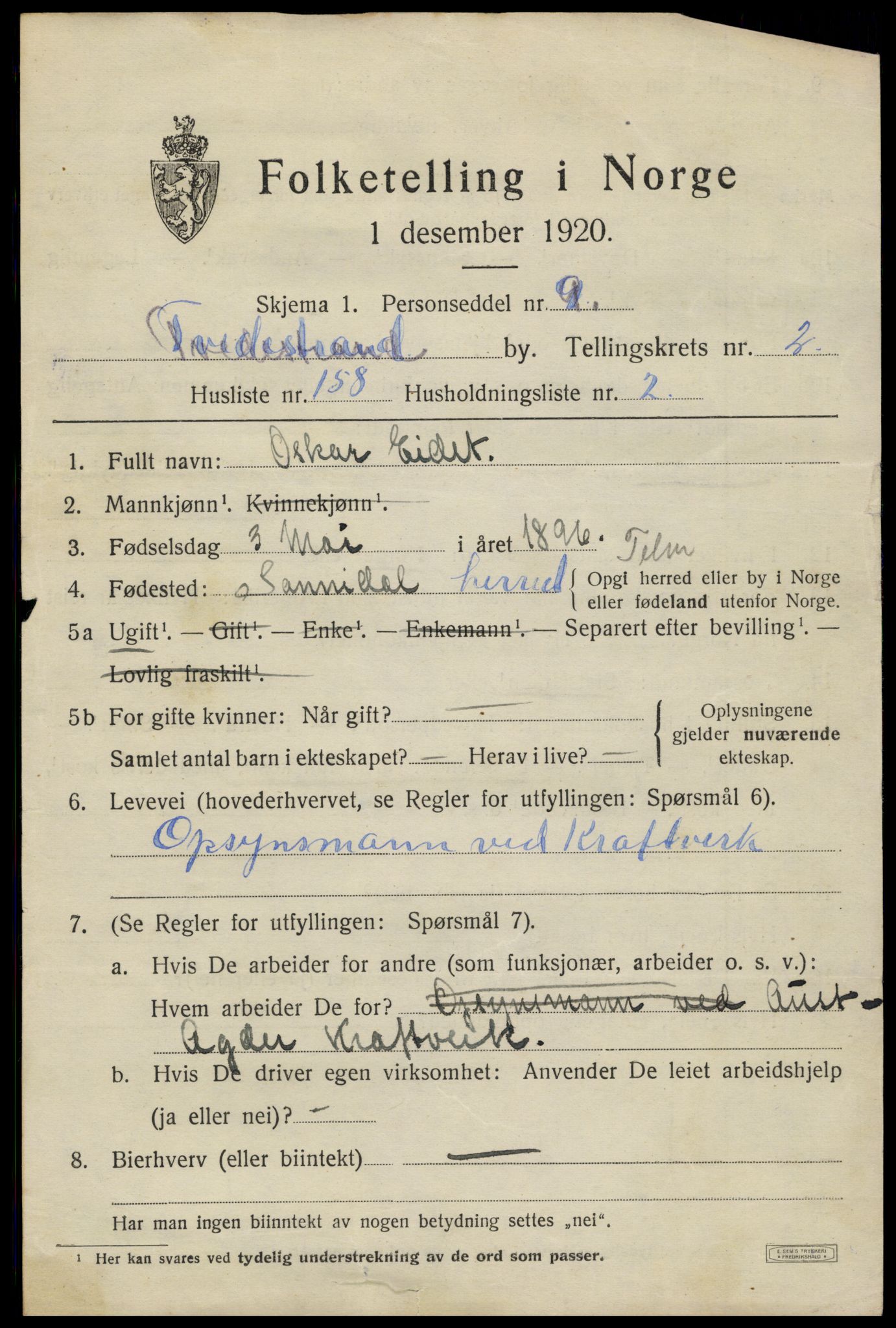 SAK, 1920 census for Tvedestrand, 1920, p. 4015