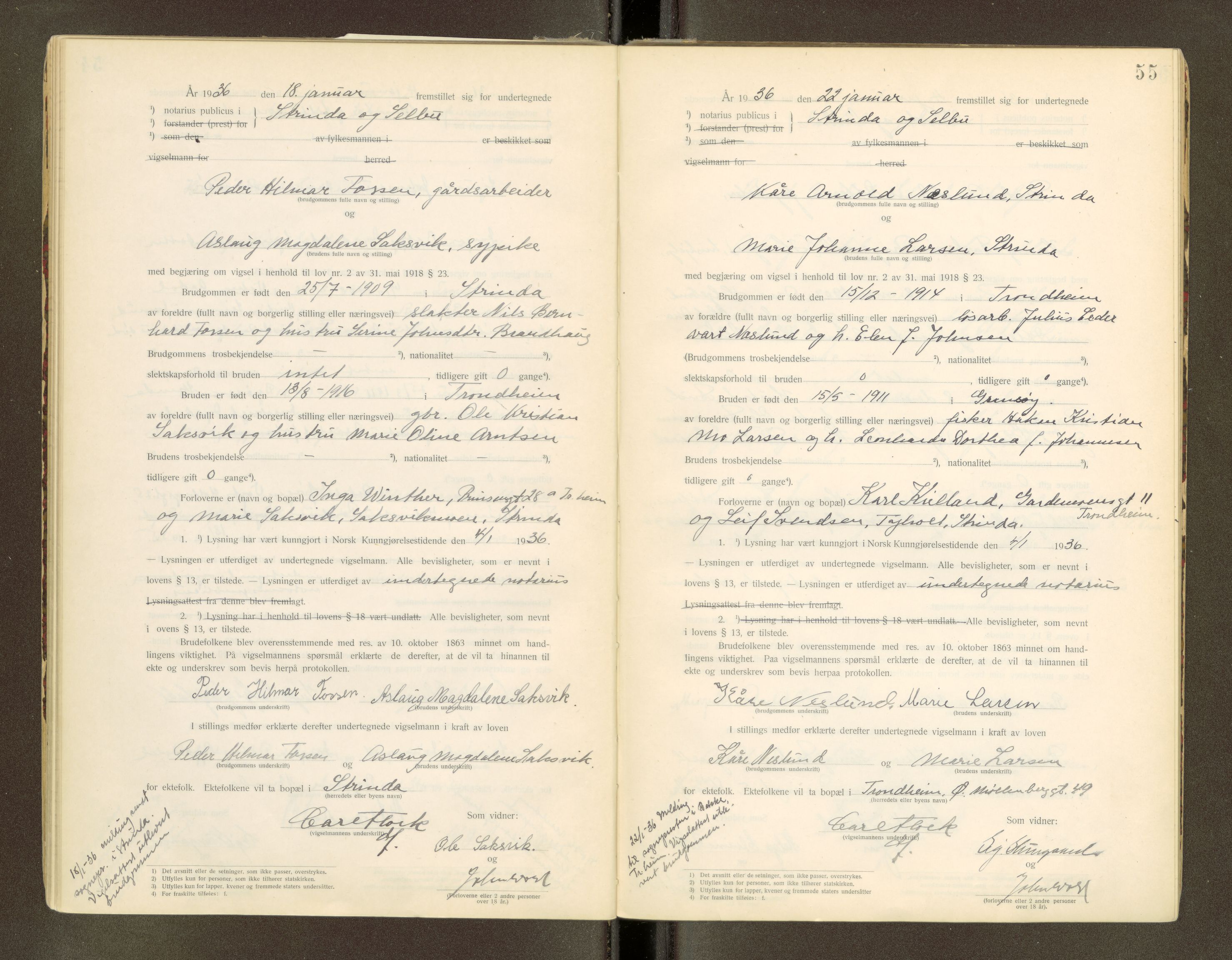 Strinda og Selbu sorenskriveri, AV/SAT-A-0015/6/6D/L0003: Vigselsbok, 1920-1942, p. 55