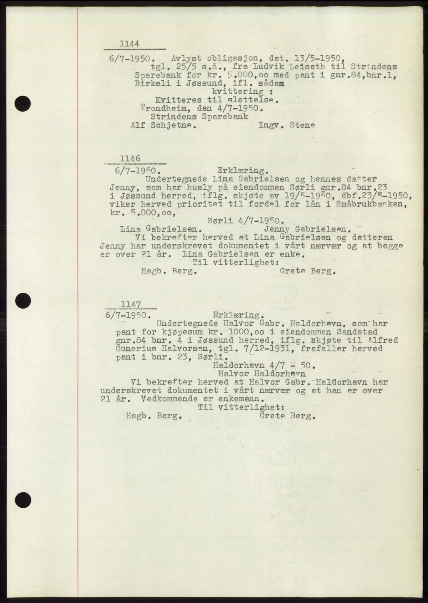 Fosen sorenskriveri, AV/SAT-A-1107/1/2/2C: Mortgage book no. B3, 1948-1950, Diary no: : 1144/1950