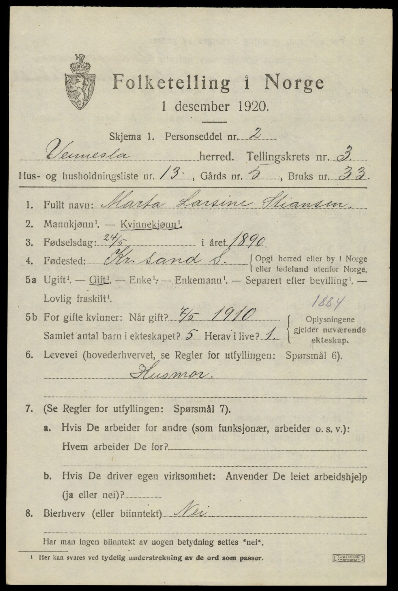 SAK, 1920 census for Vennesla, 1920, p. 2374