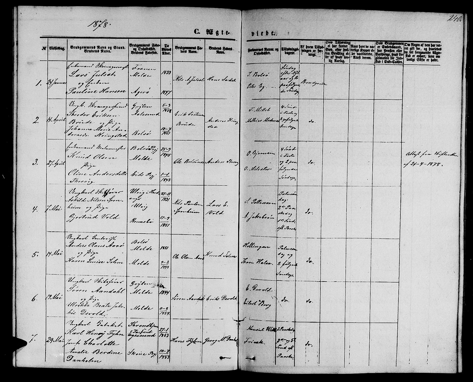 Ministerialprotokoller, klokkerbøker og fødselsregistre - Møre og Romsdal, SAT/A-1454/558/L0701: Parish register (copy) no. 558C02, 1862-1879, p. 240
