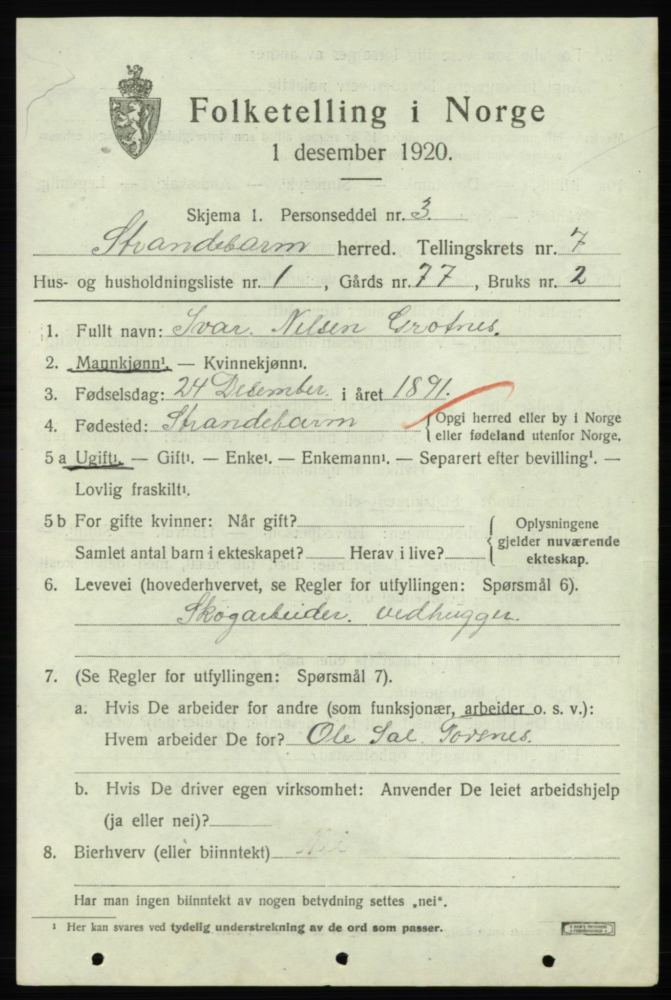 SAB, 1920 census for Strandebarm, 1920, p. 4382