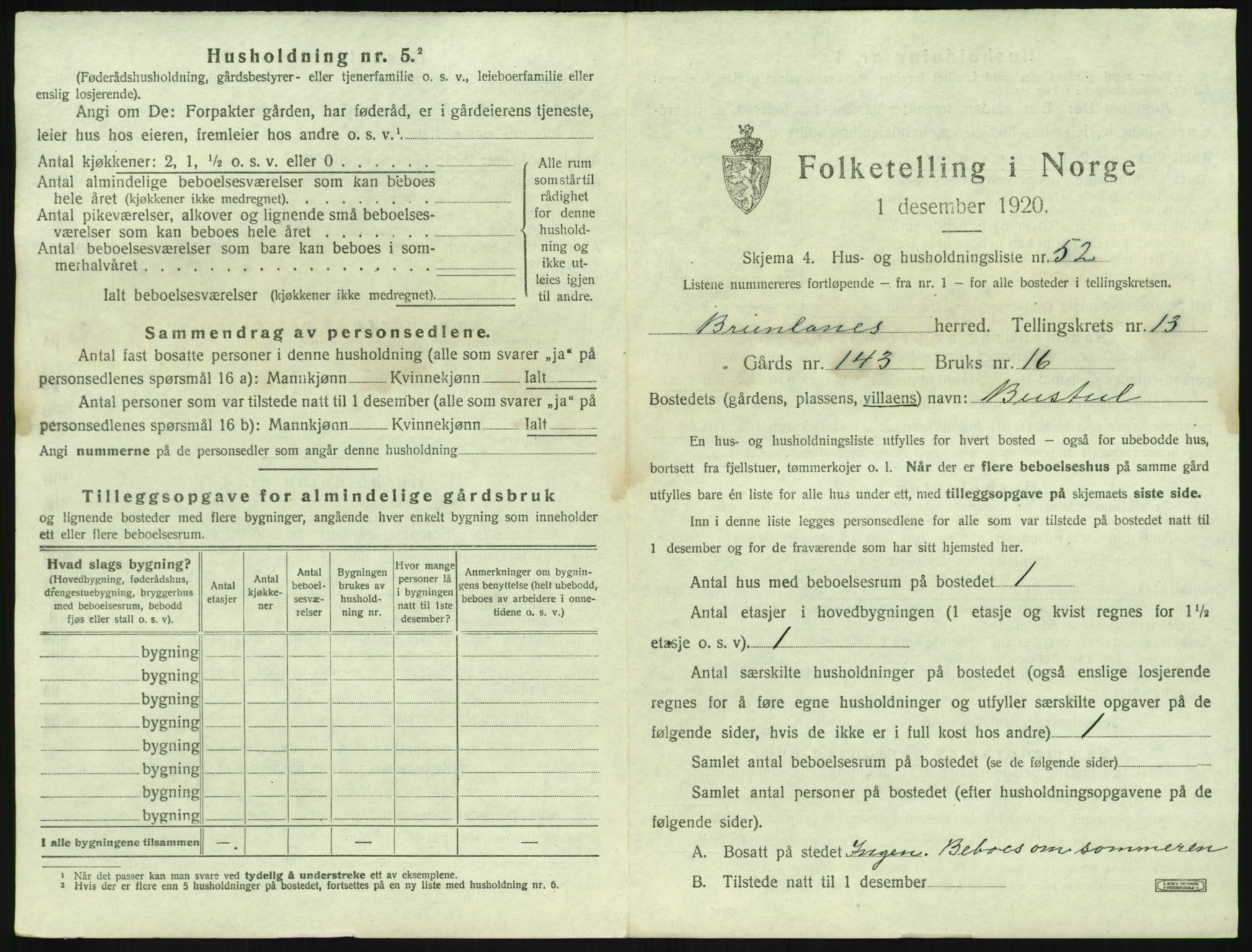 SAKO, 1920 census for Brunlanes, 1920, p. 1853
