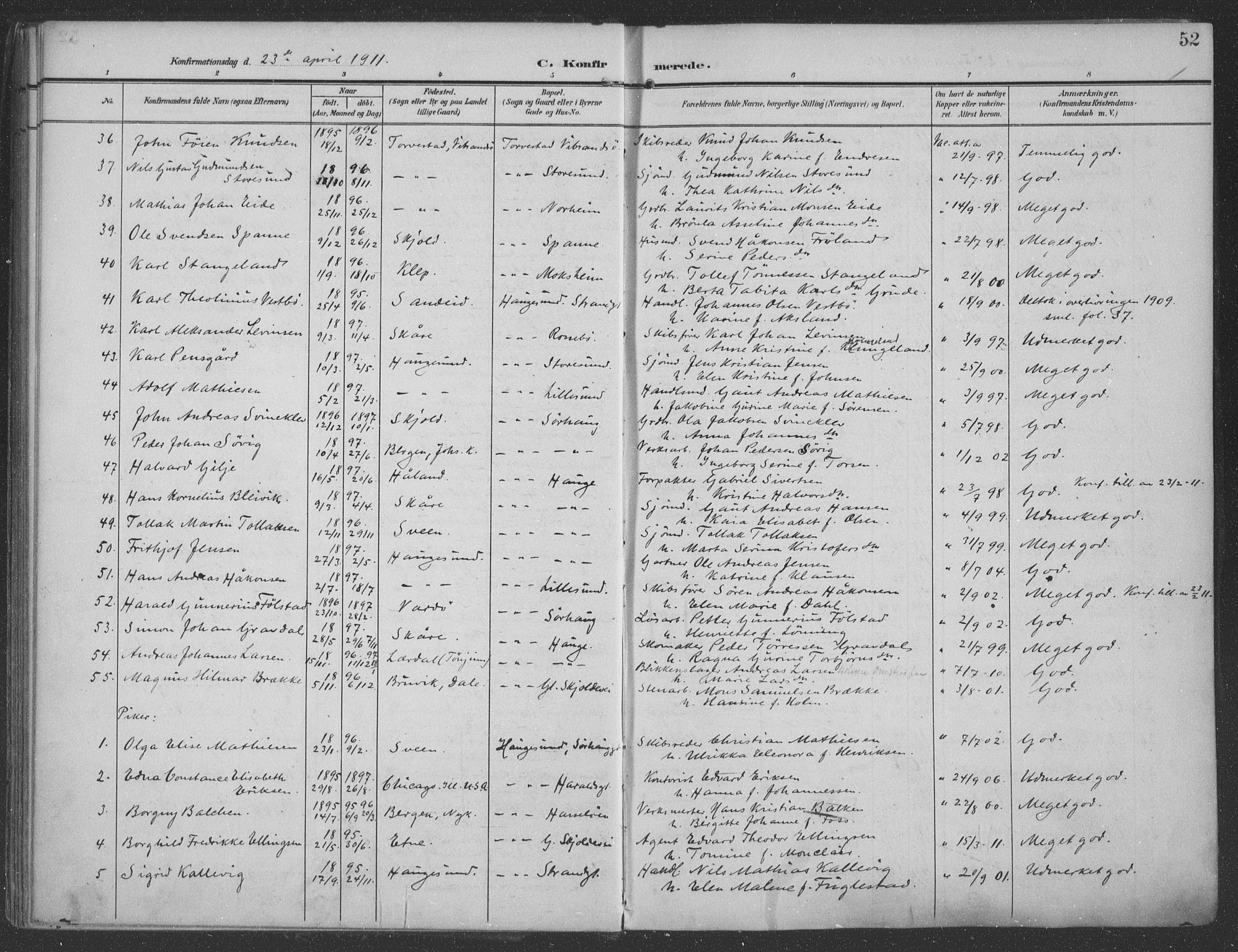 Haugesund sokneprestkontor, AV/SAST-A -101863/H/Ha/Haa/L0007: Parish register (official) no. A 7, 1904-1916, p. 52