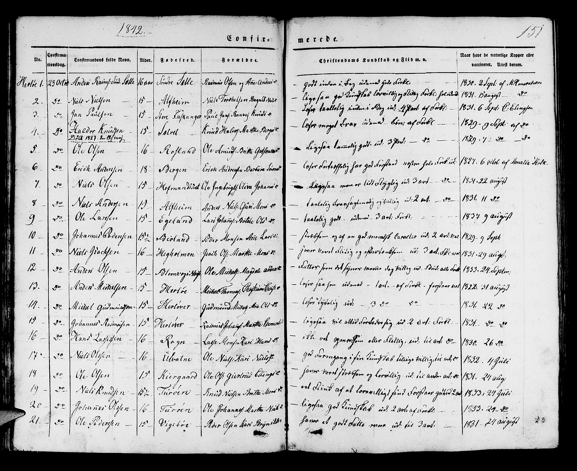 Manger sokneprestembete, SAB/A-76801/H/Haa: Parish register (official) no. A 5, 1839-1848, p. 151