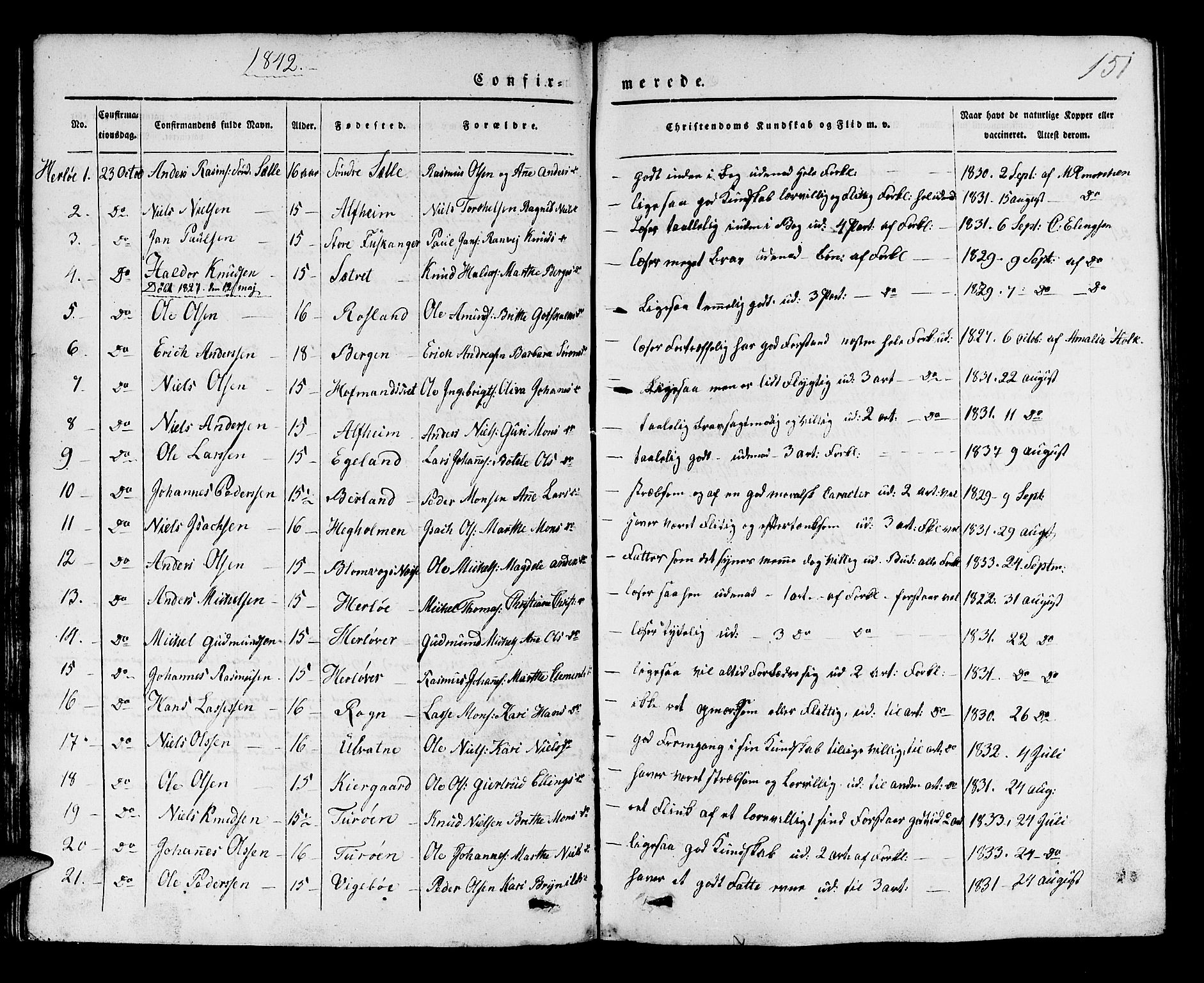 Manger sokneprestembete, AV/SAB-A-76801/H/Haa: Parish register (official) no. A 5, 1839-1848, p. 151