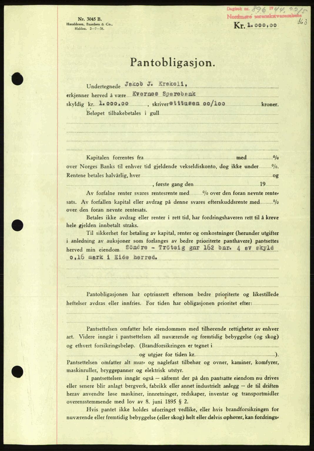 Nordmøre sorenskriveri, AV/SAT-A-4132/1/2/2Ca: Mortgage book no. B91, 1943-1944, Diary no: : 896/1944