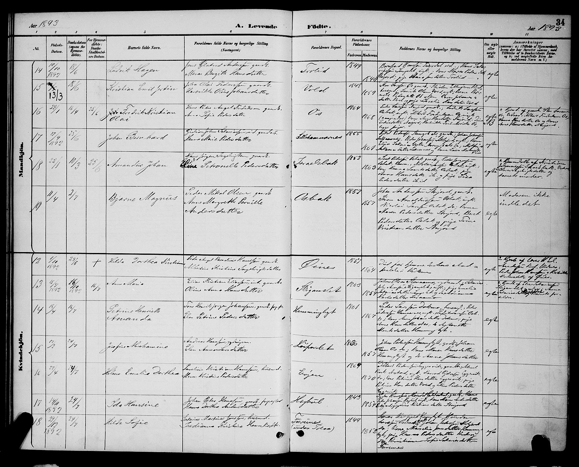 Ministerialprotokoller, klokkerbøker og fødselsregistre - Nordland, AV/SAT-A-1459/846/L0654: Parish register (copy) no. 846C04, 1887-1901, p. 34