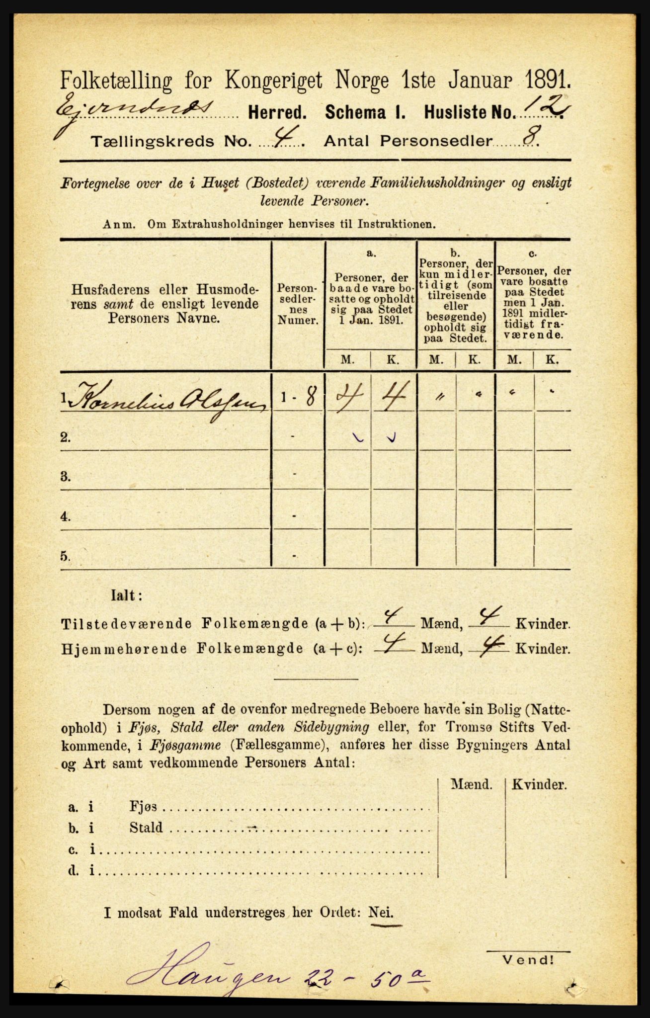 RA, 1891 census for 1853 Evenes, 1891, p. 1187