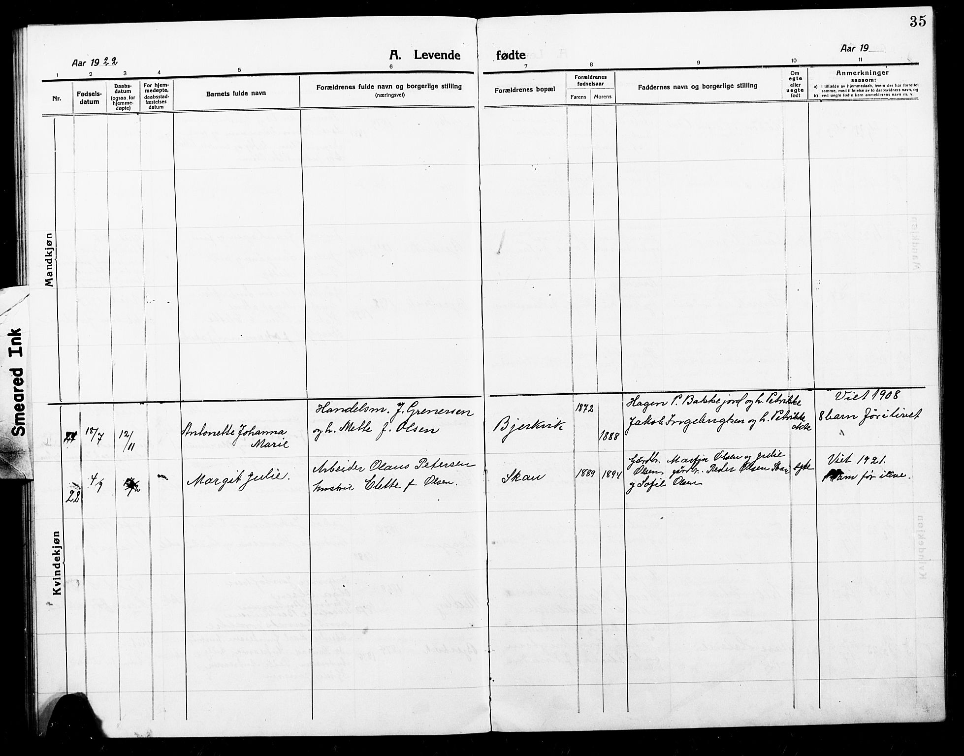 Ministerialprotokoller, klokkerbøker og fødselsregistre - Nordland, SAT/A-1459/868/L0969: Parish register (copy) no. 868C01, 1914-1925, p. 35